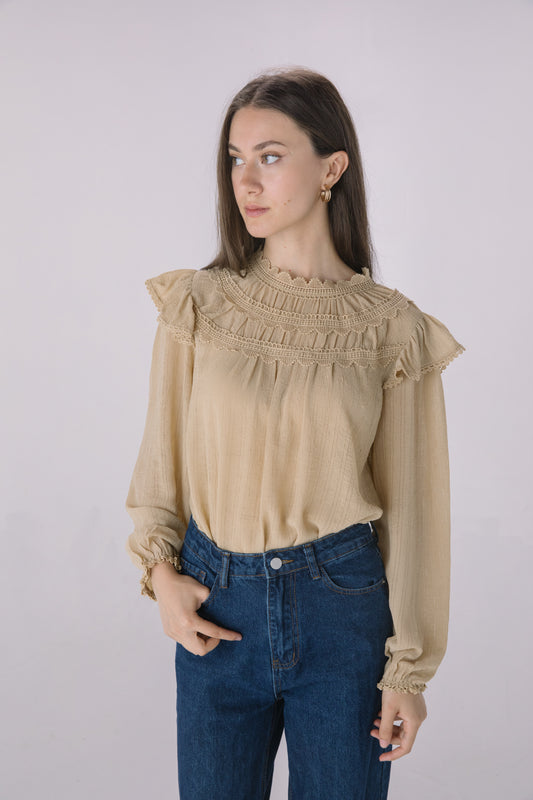 High Neck Ruffle Crochet Blouse