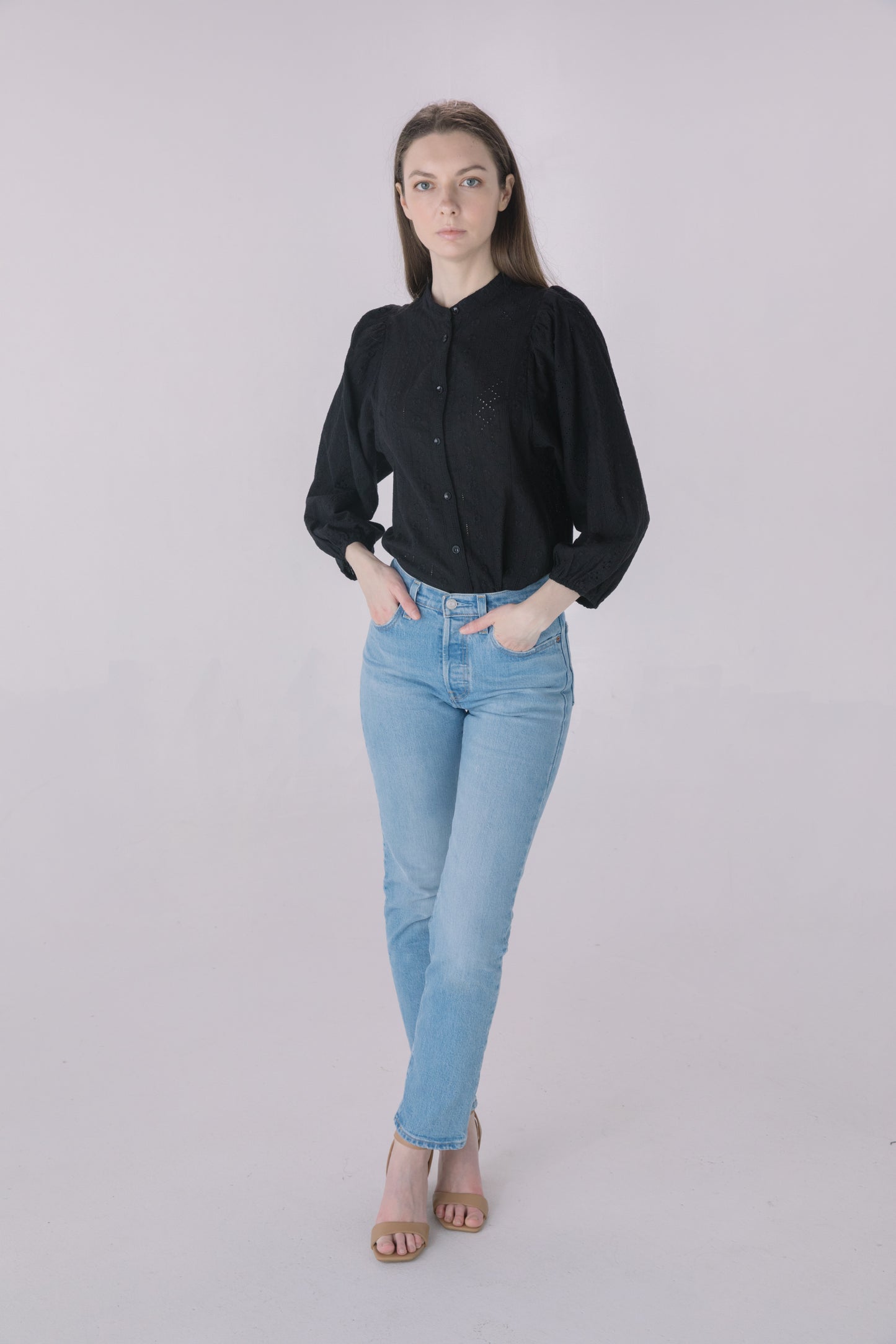 Black Embroidered Eyelet Button Down