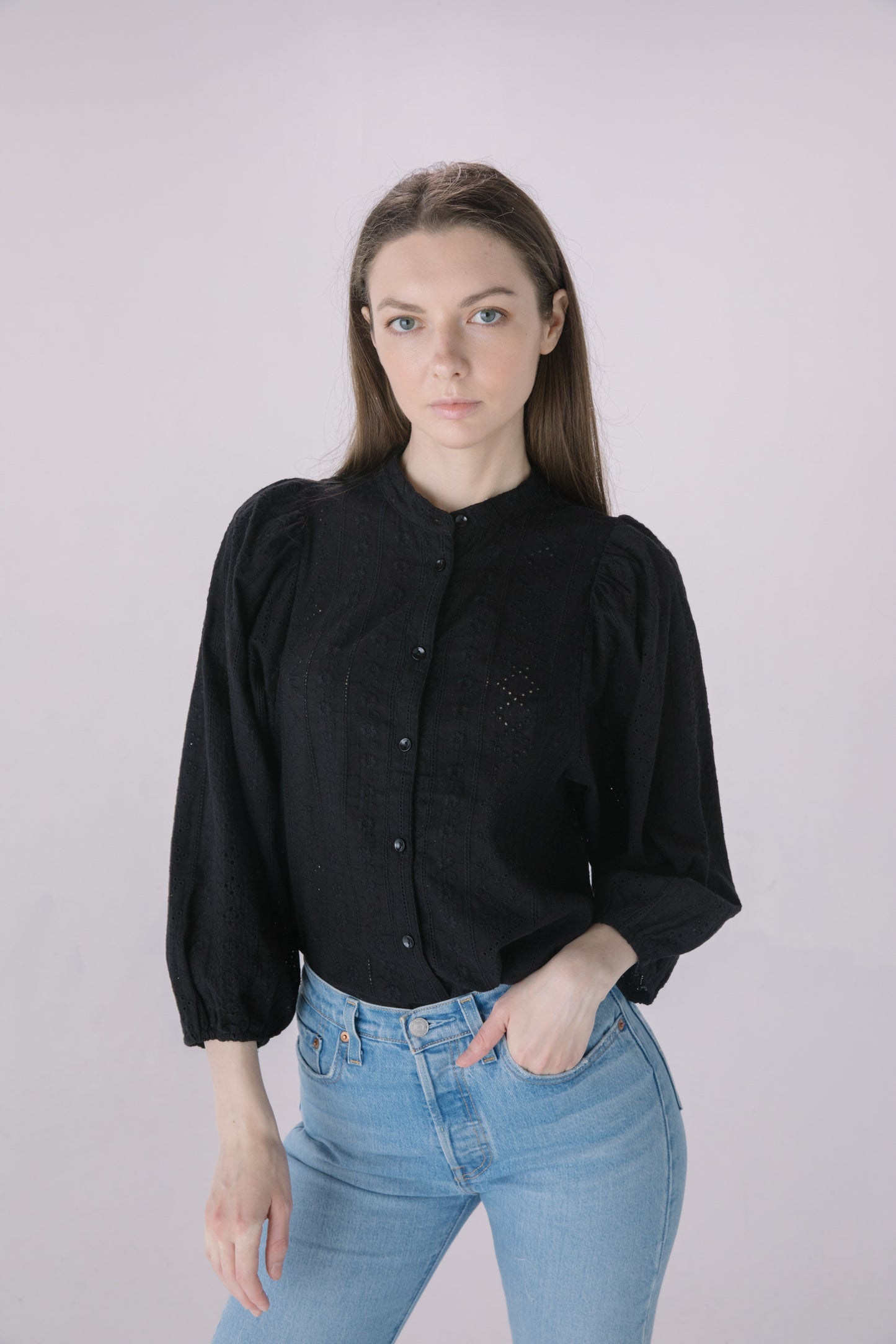 Black Embroidered Eyelet Button Down