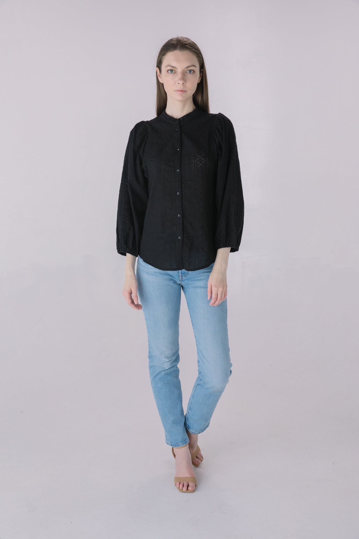Black Embroidered Eyelet Button Down
