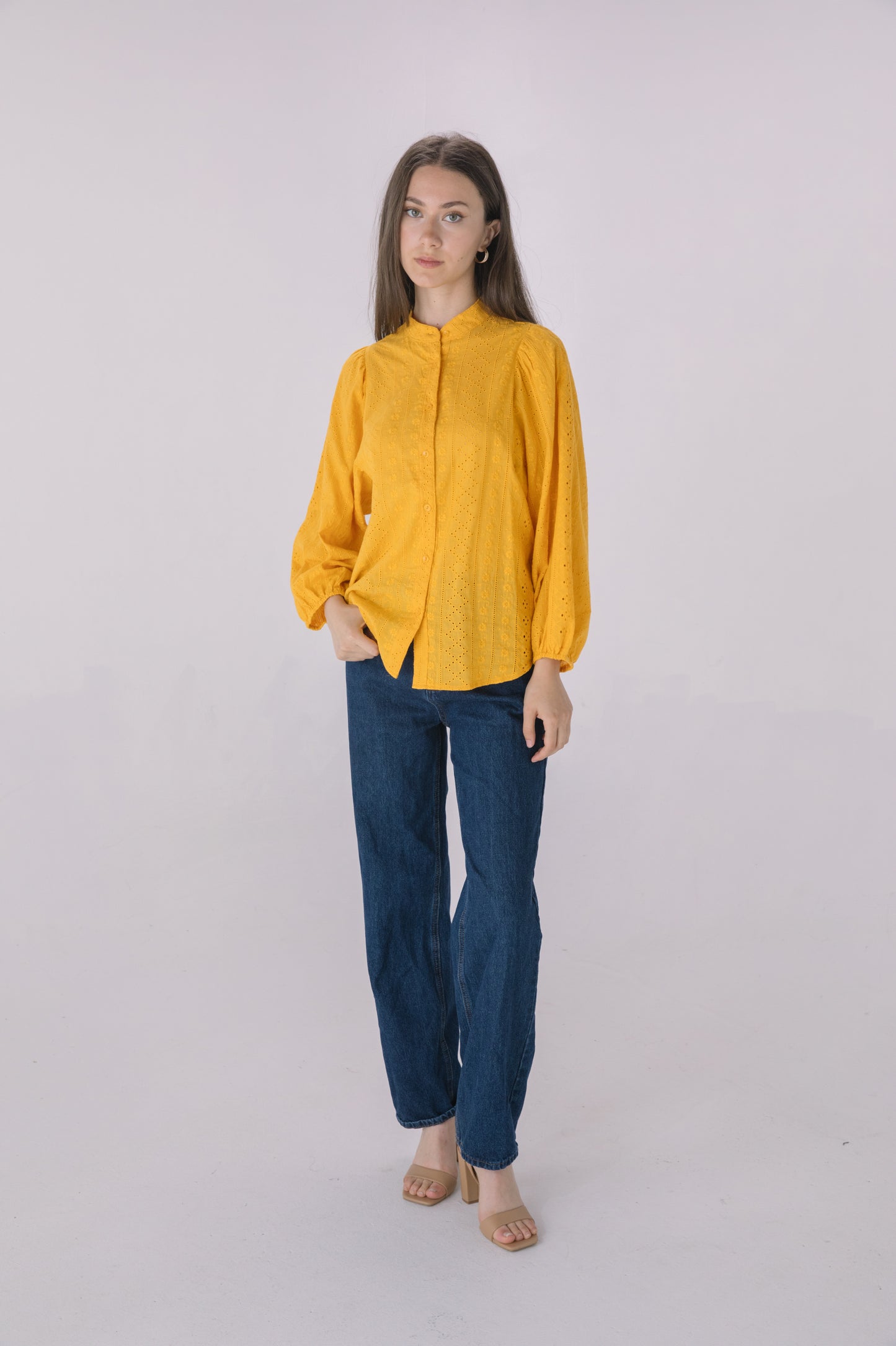 Mustard Embroidered Eyelet Button Down