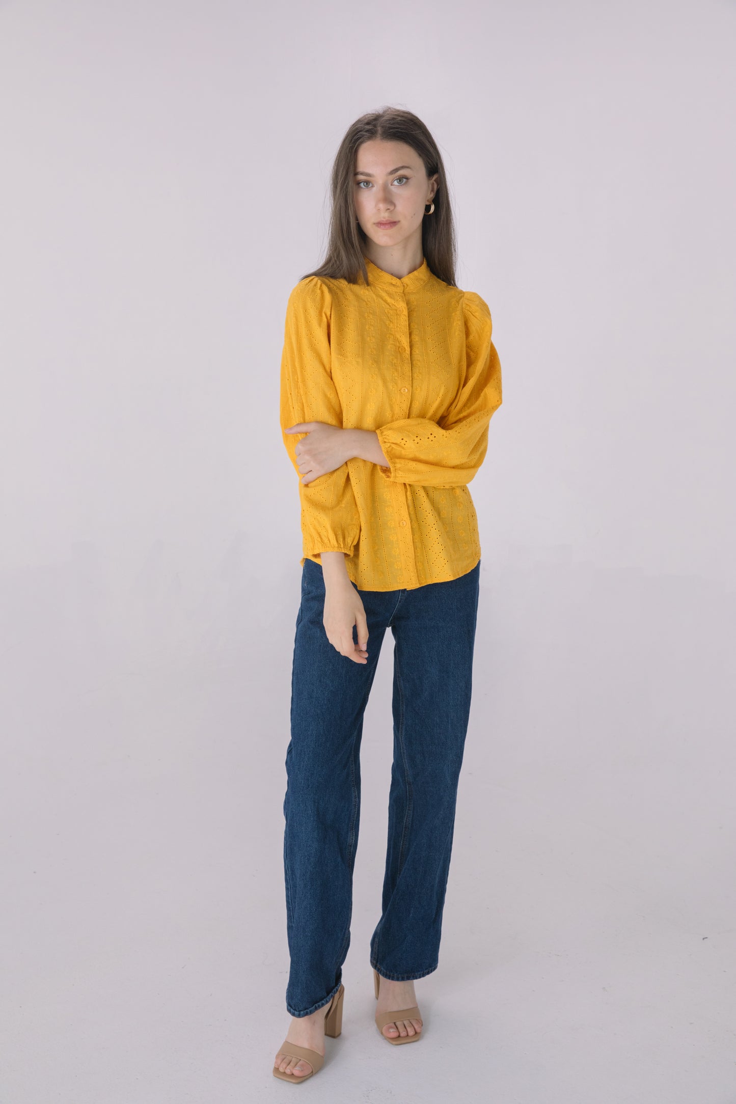 Mustard Embroidered Eyelet Button Down