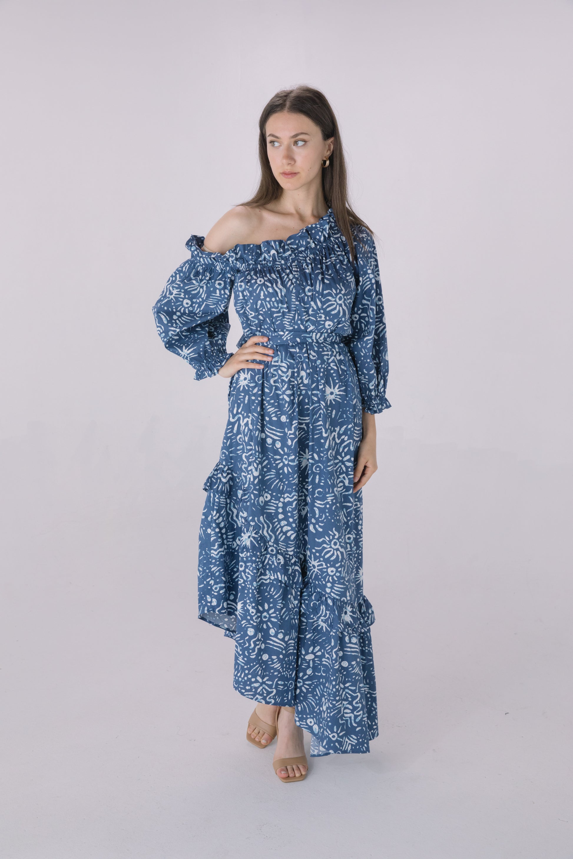 one shoulder long dress medallion print casual One-Shoulder Printed Slim Midi Dress