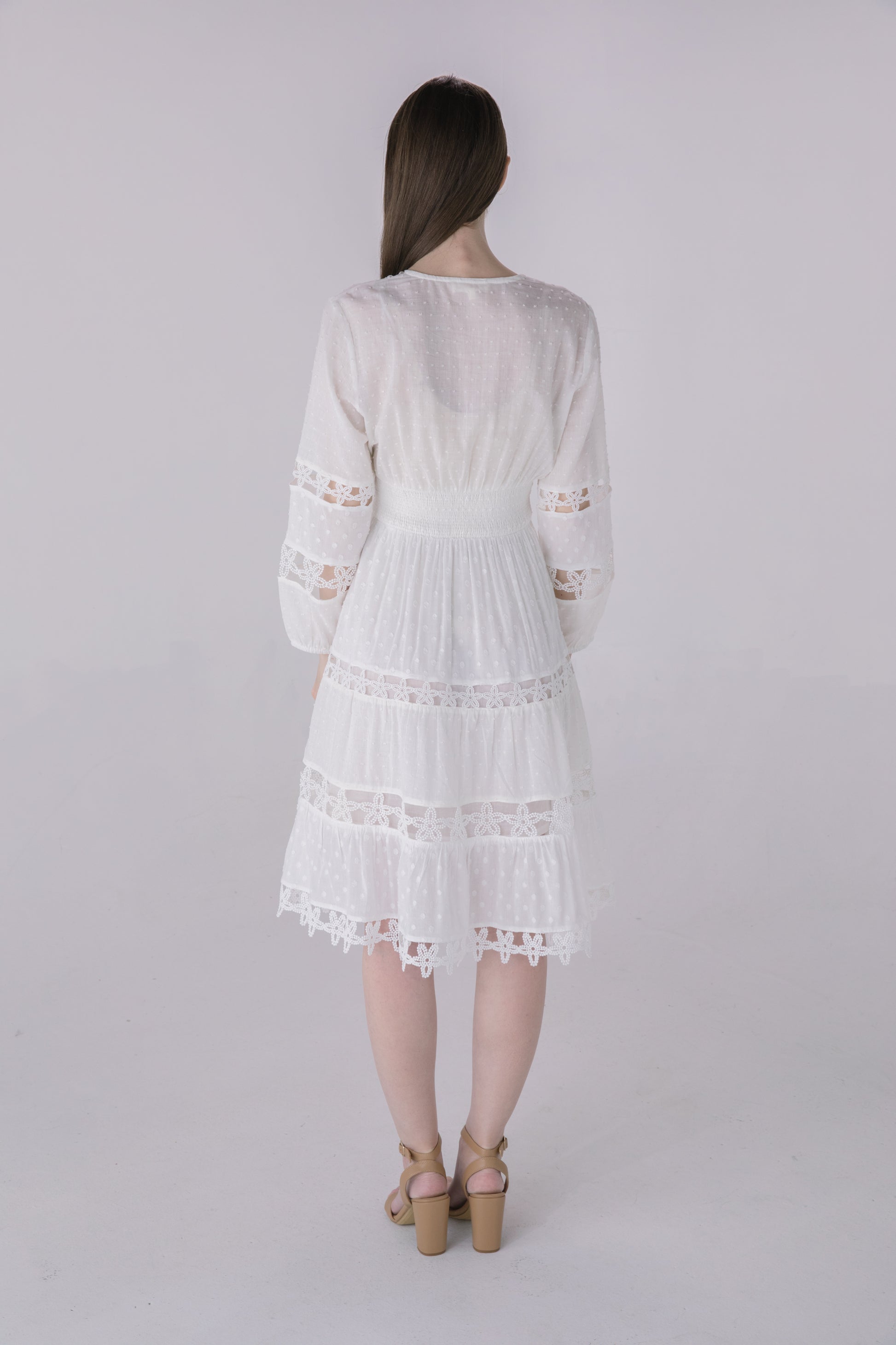white tie front flare sleeve crochet lace bodycon dress Li White Crochet Long Sleeve Mini Dress