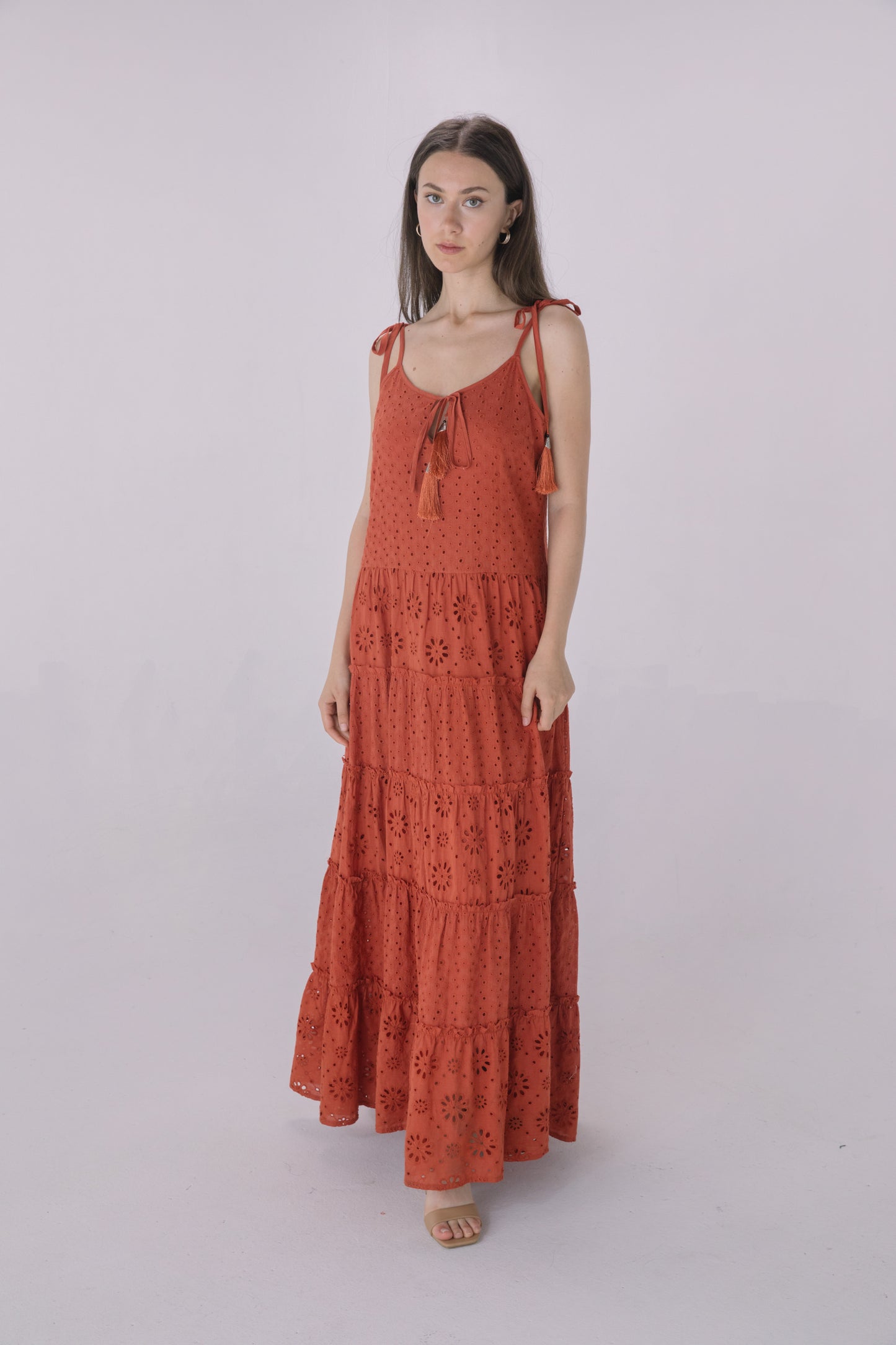 Rust Eyelet Tiered Maxi Dress
