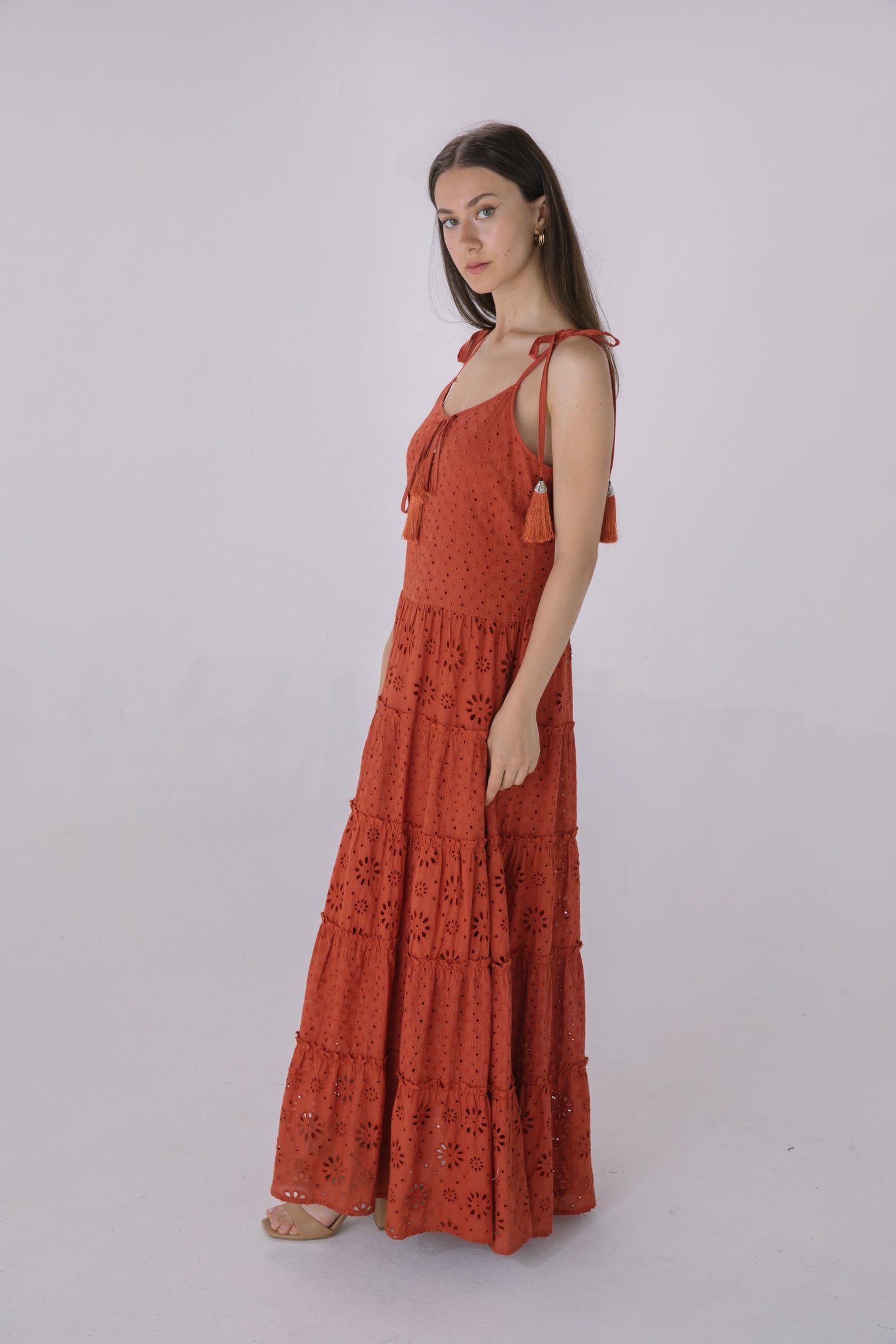 Rust Eyelet Tiered Maxi Dress