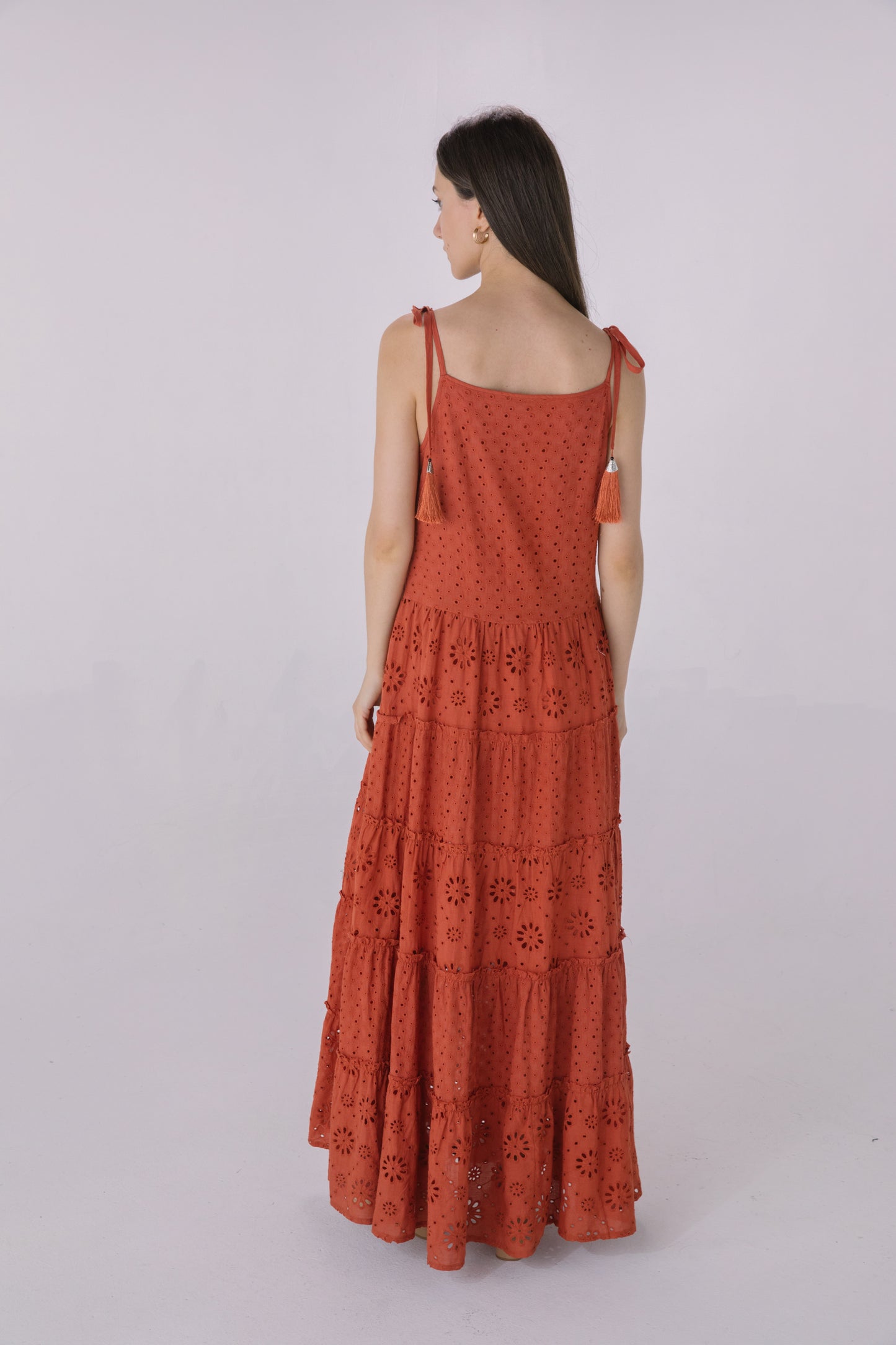 Rust Eyelet Tiered Maxi Dress