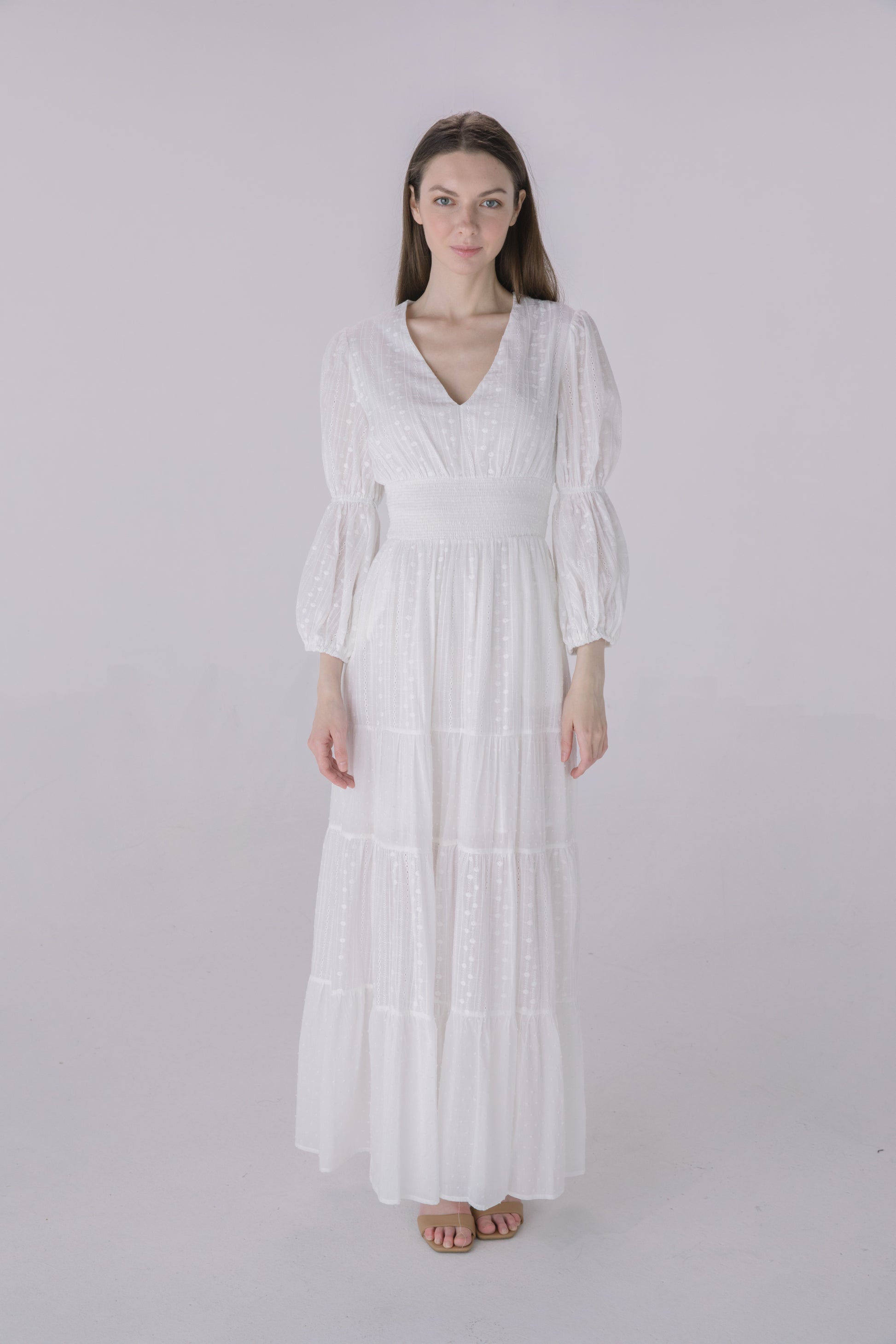 smock maxi dress with sleeves Ivory Eyelet Tiered Smock Dress – Solitaire