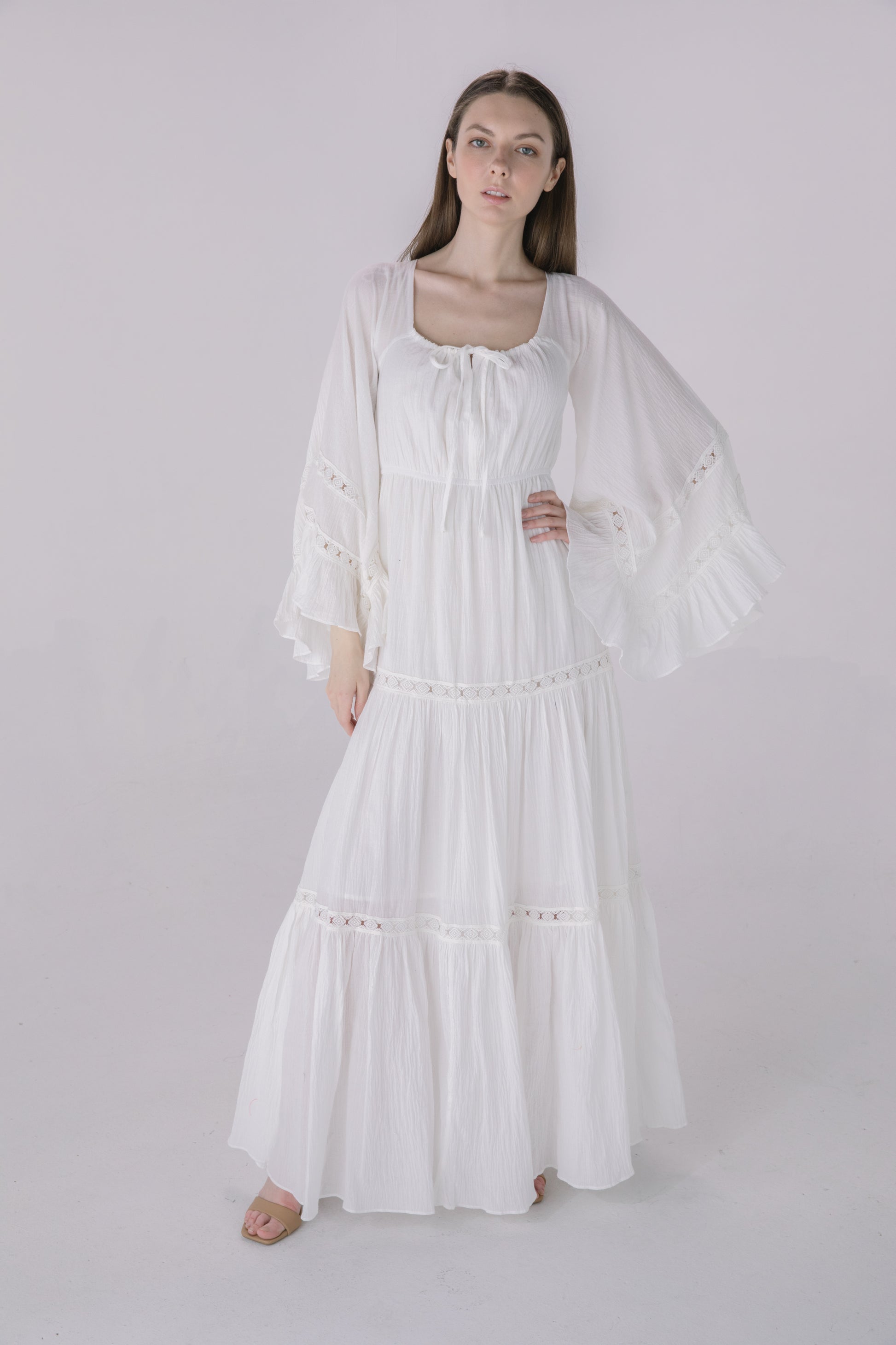 Maxi Dress, Cotton Dress, Flared Dress, Ruffled Sleeves Dress