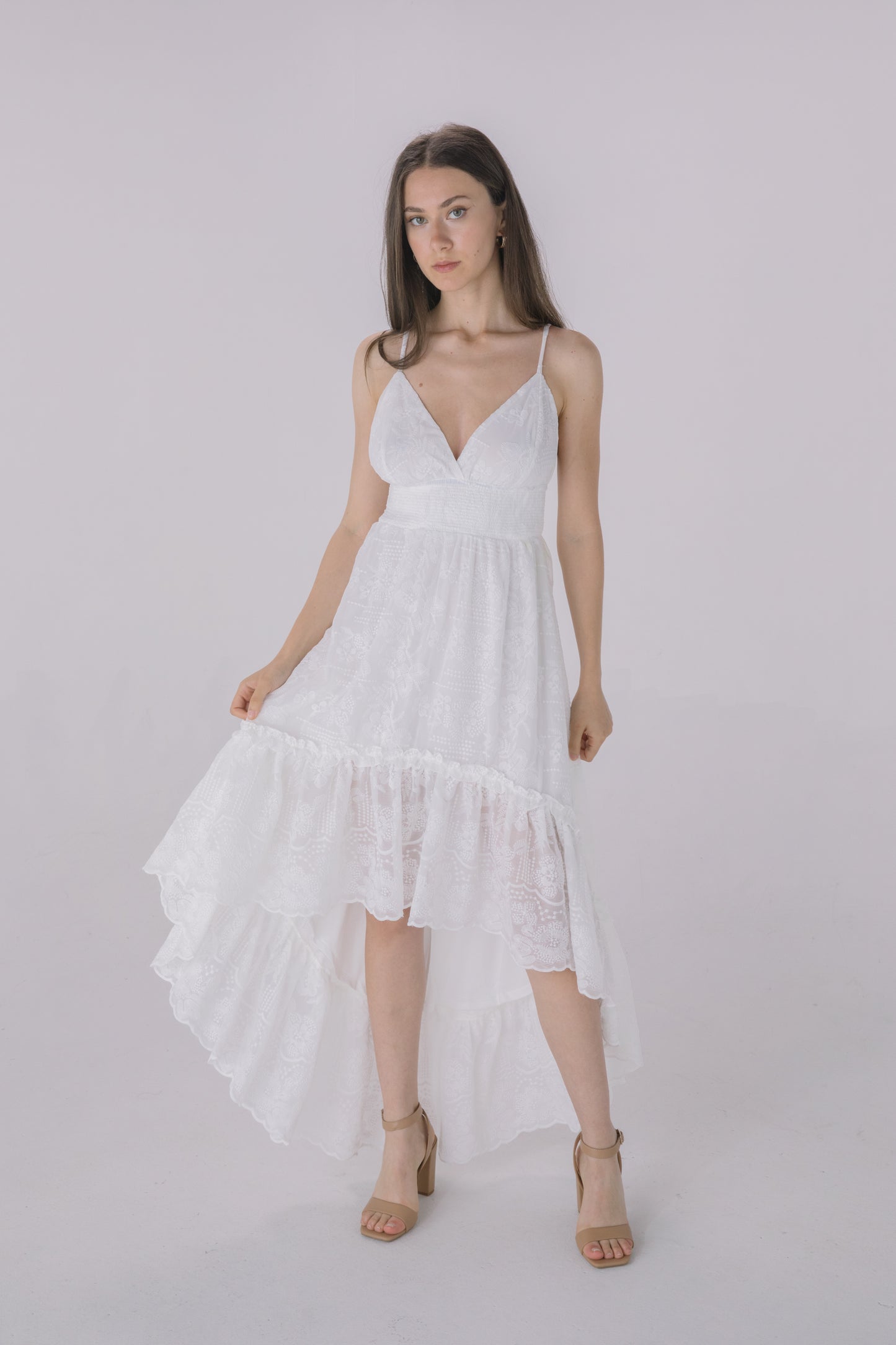 Ivory Crepe Embroidered Fabric High Low Dress