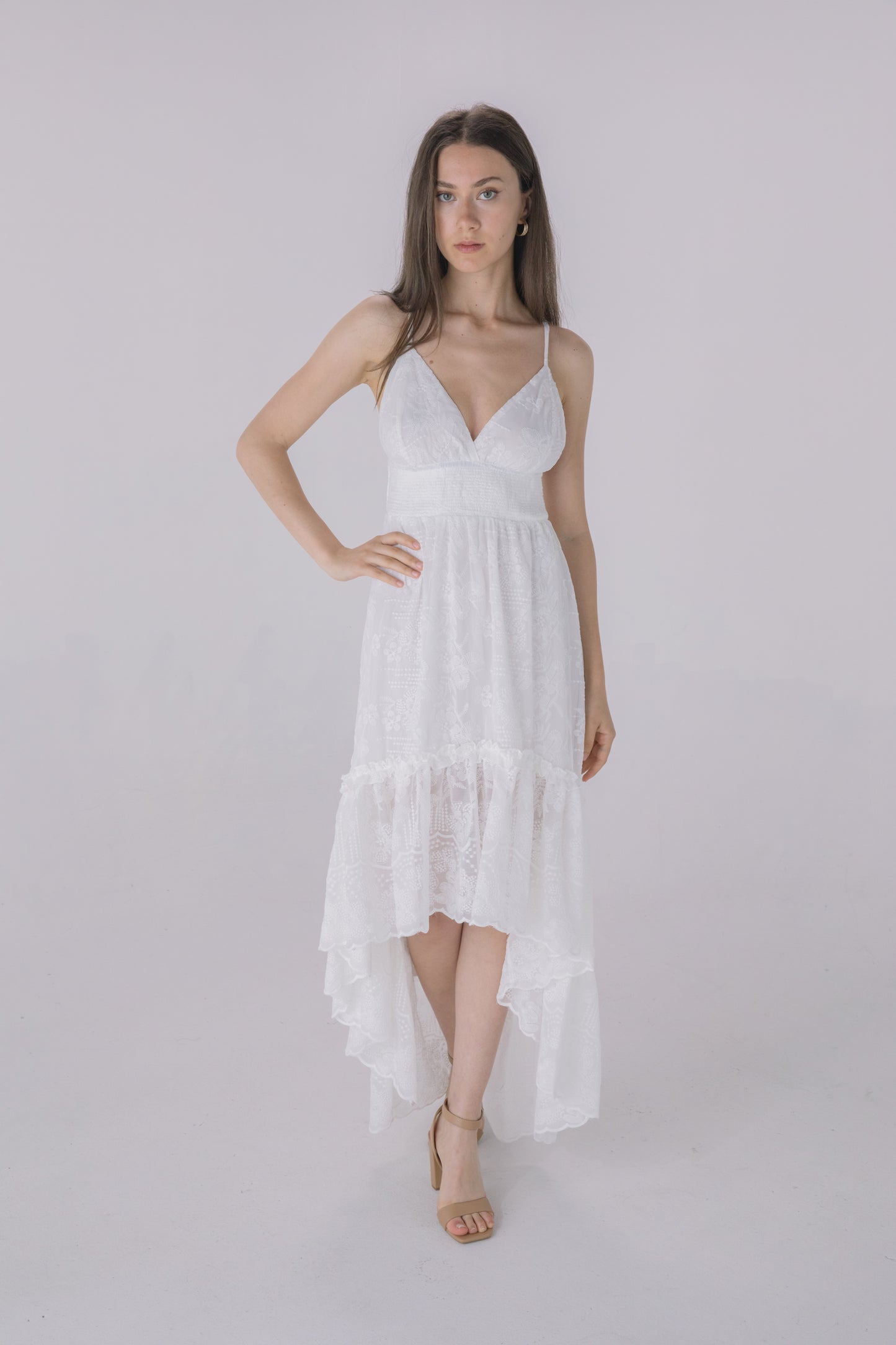 Ivory Crepe Embroidered Fabric High Low Dress