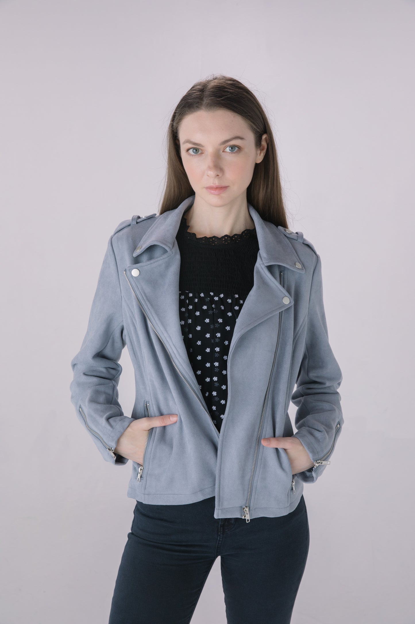 Muted Blue Faux Suede Moto Jacket