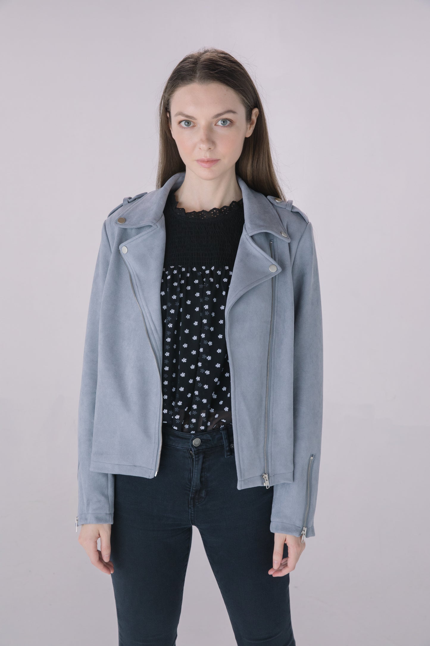 Muted Blue Faux Suede Moto Jacket