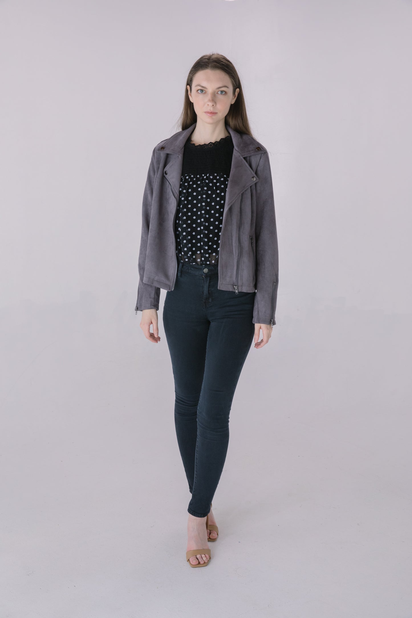 Gunmetal Faux Suede Moto Jacket