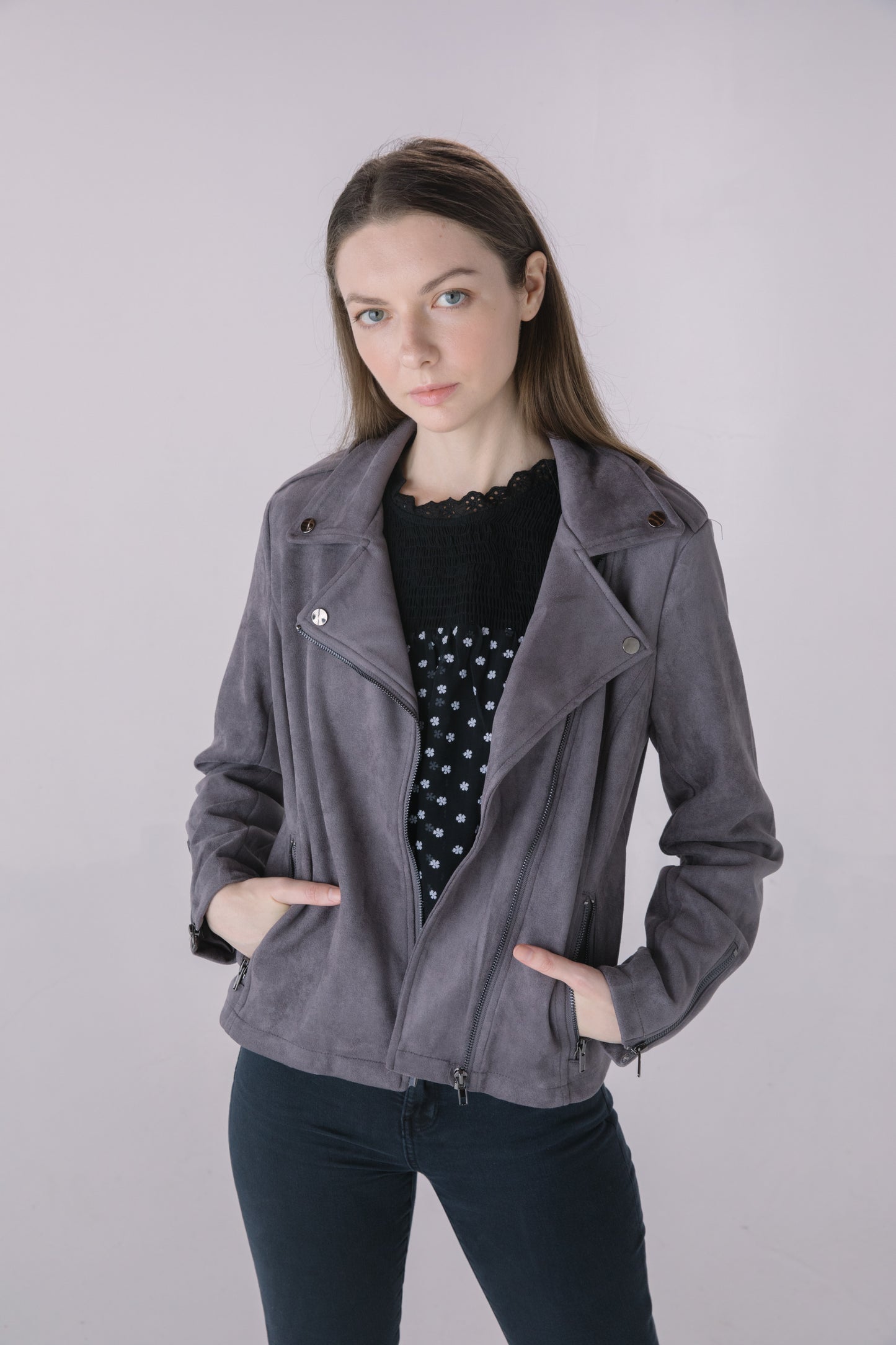 Gunmetal Faux Suede Moto Jacket