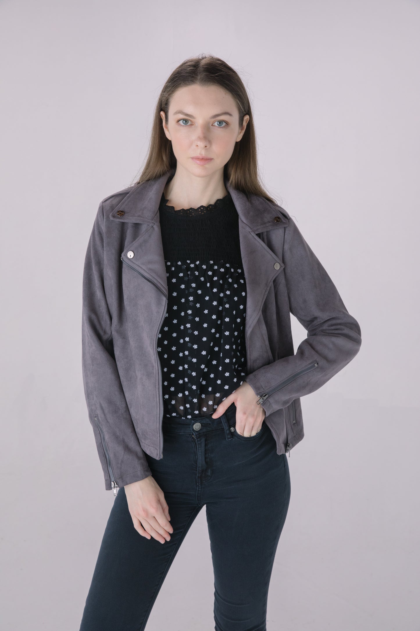 Gunmetal Faux Suede Moto Jacket
