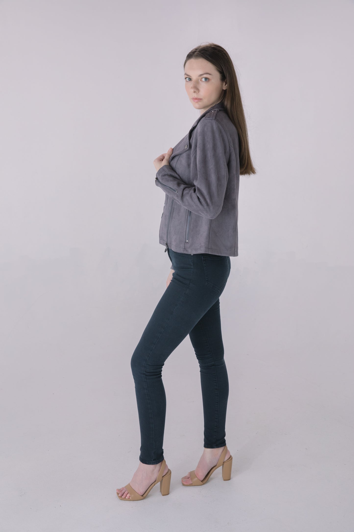 Gunmetal Faux Suede Moto Jacket
