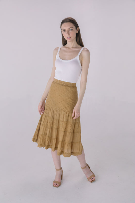 Sand Washed Eyelet Tiered Midi Skirt