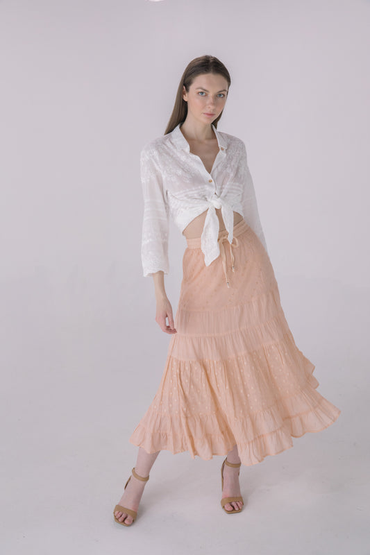 Blush Washed Texture Tiered Midi Skirt