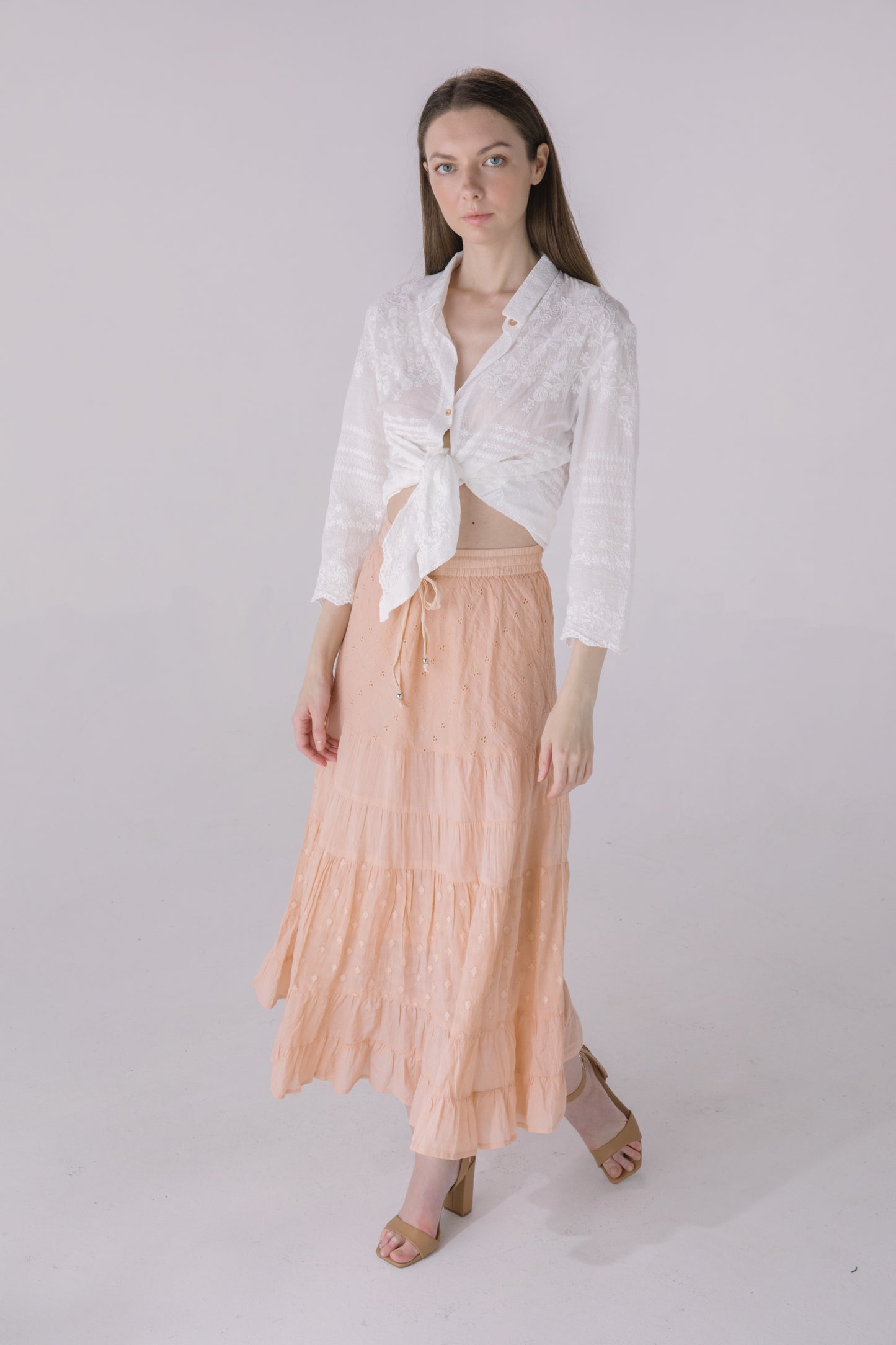 Blush Washed Texture Tiered Midi Skirt