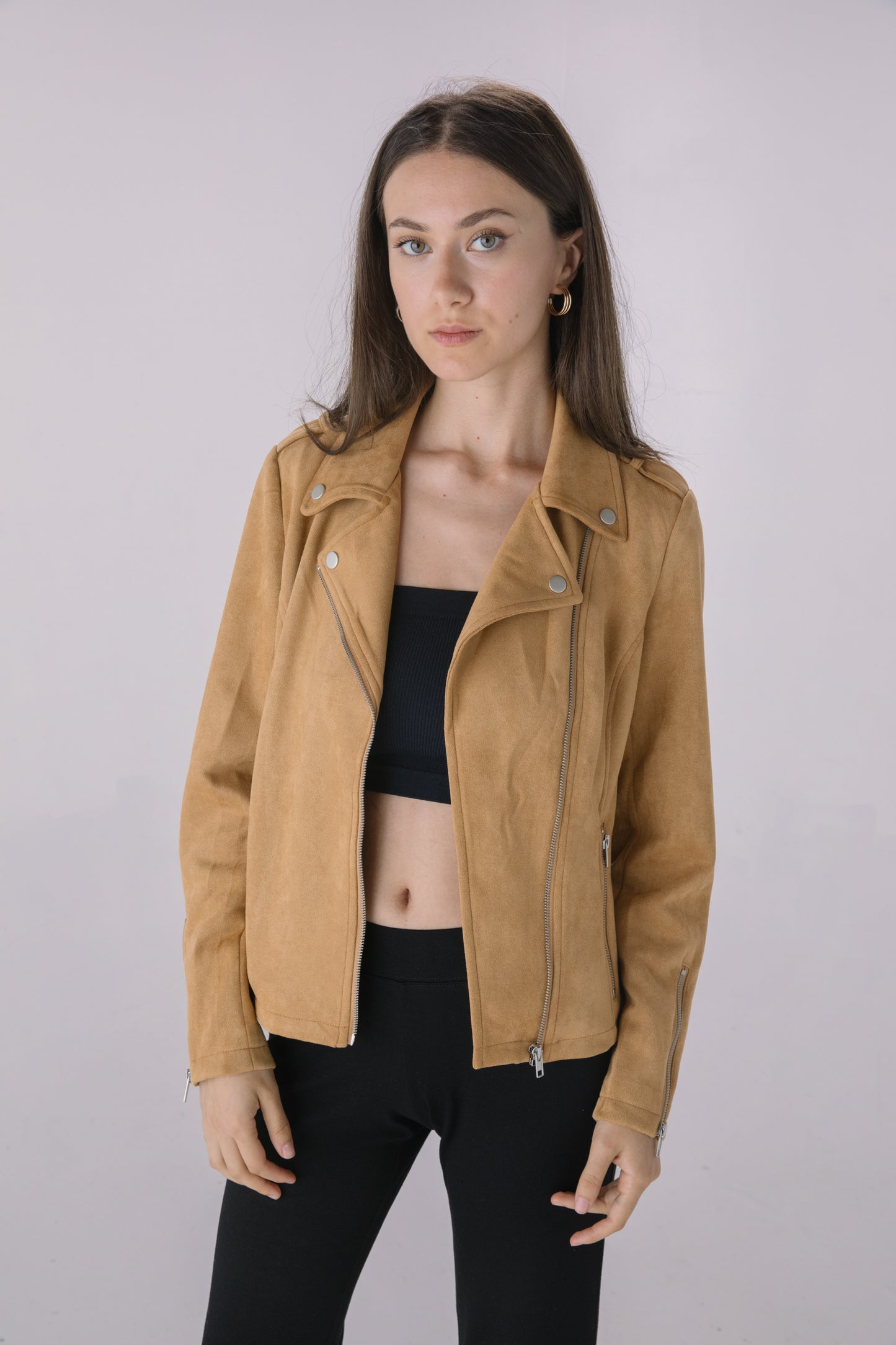 Camel Faux Suede Moto Jacket
