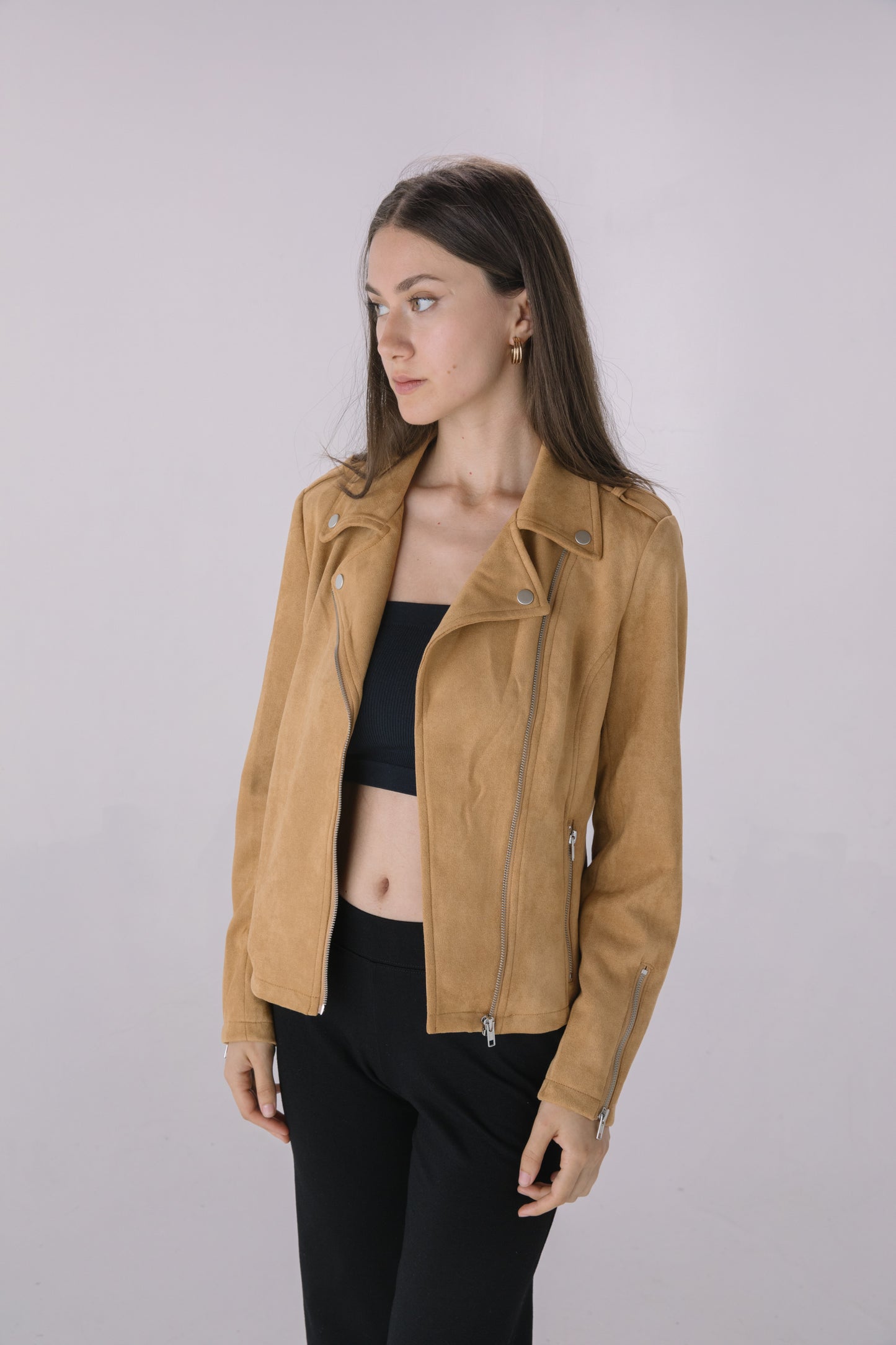 Camel Faux Suede Moto Jacket