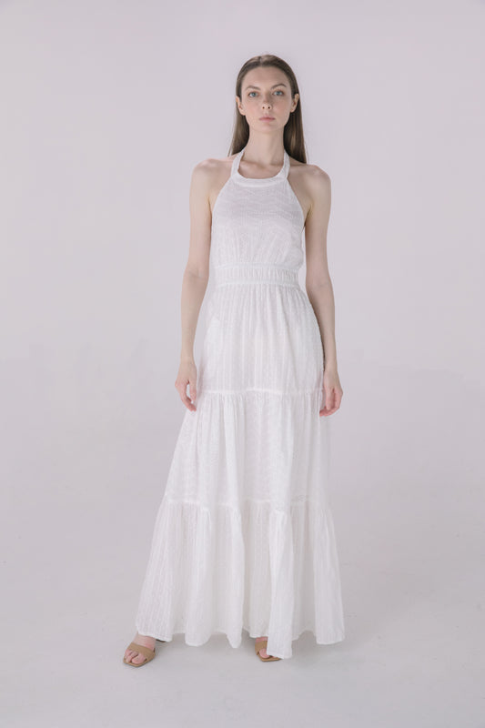 Ivory Halter Tiered Eyelet Dress