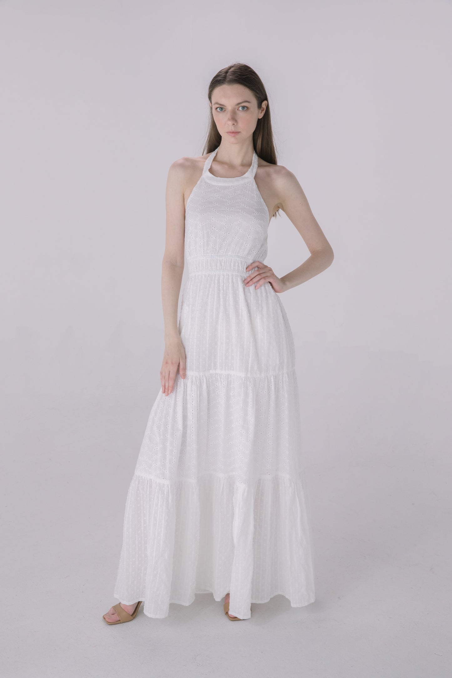 Ivory Halter Tiered Eyelet Dress