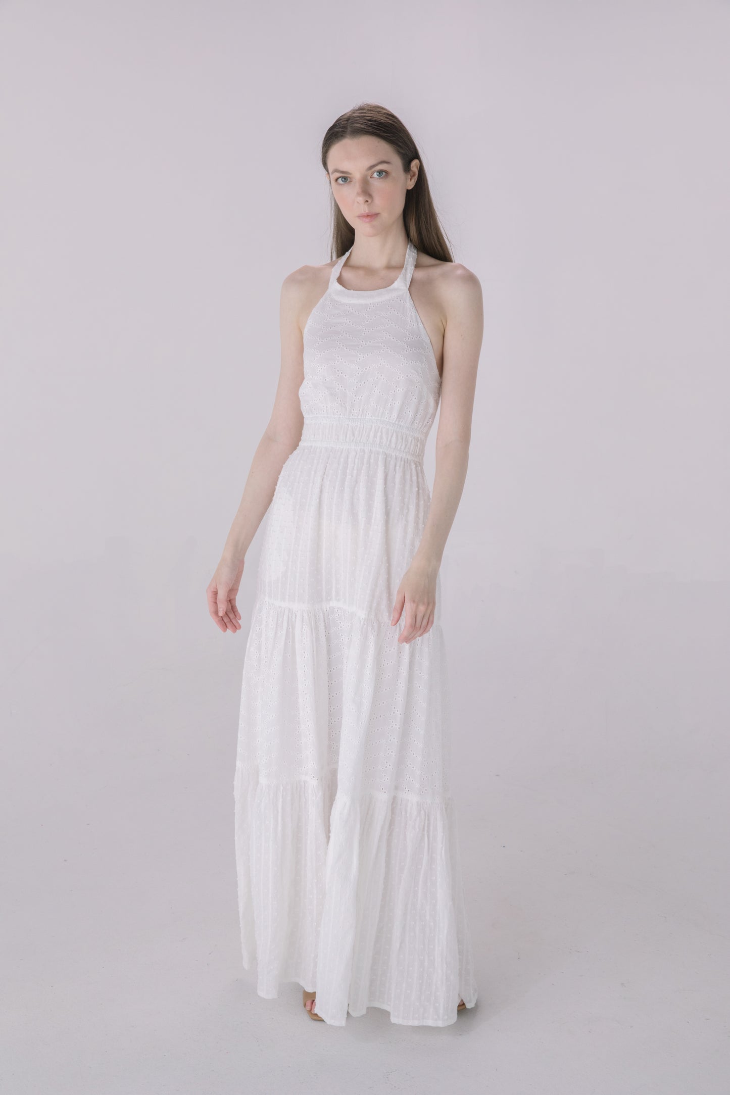 Ivory Halter Tiered Eyelet Dress