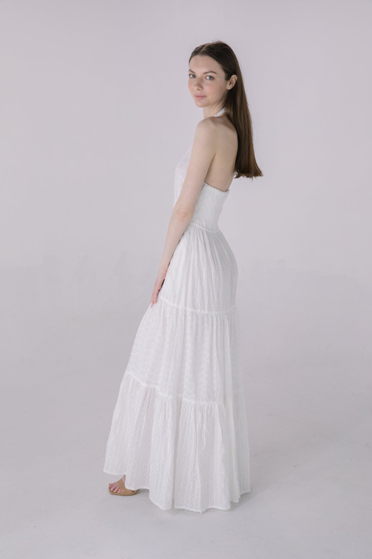 Ivory Halter Tiered Eyelet Dress