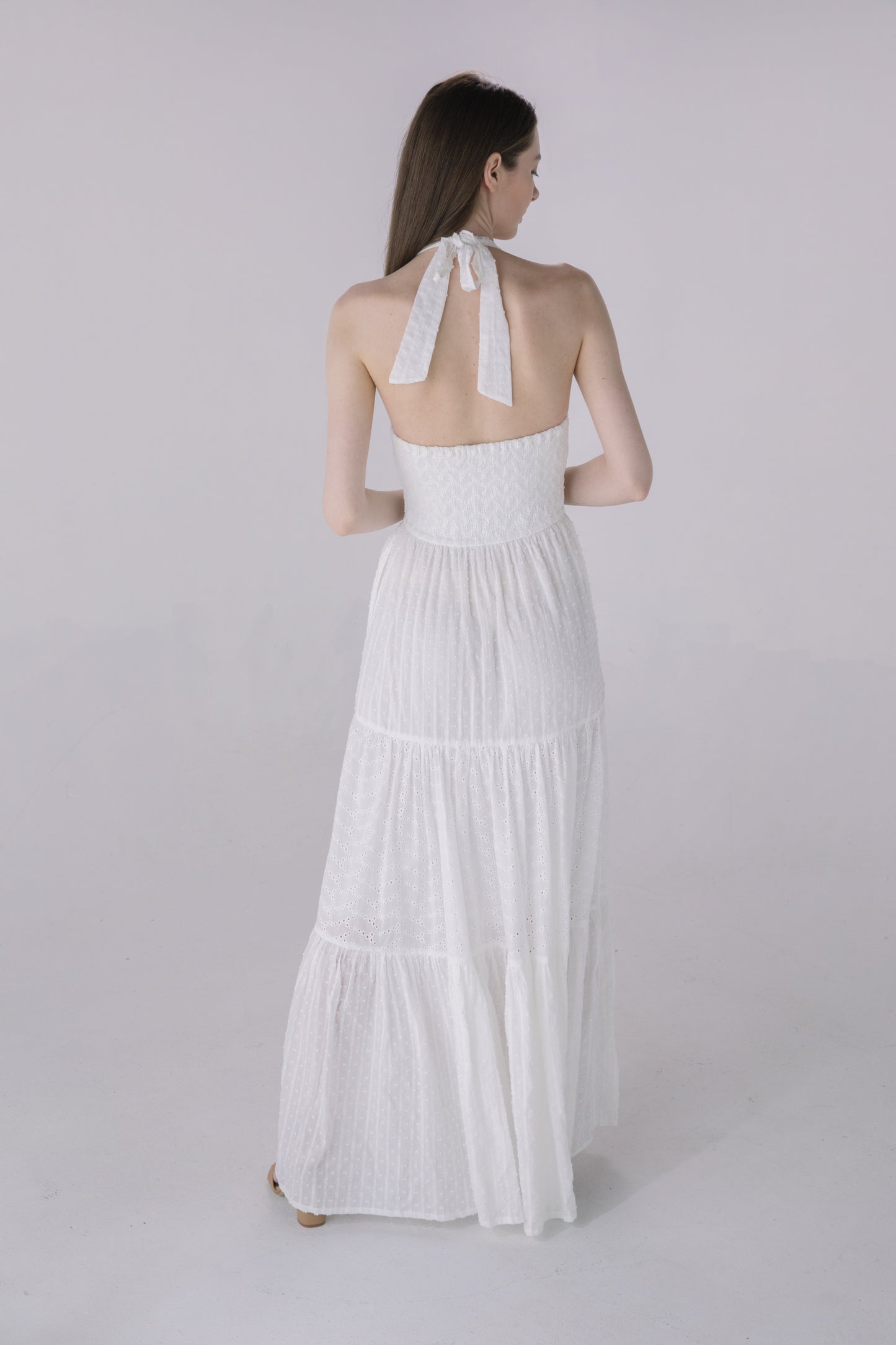 Ivory Halter Tiered Eyelet Dress
