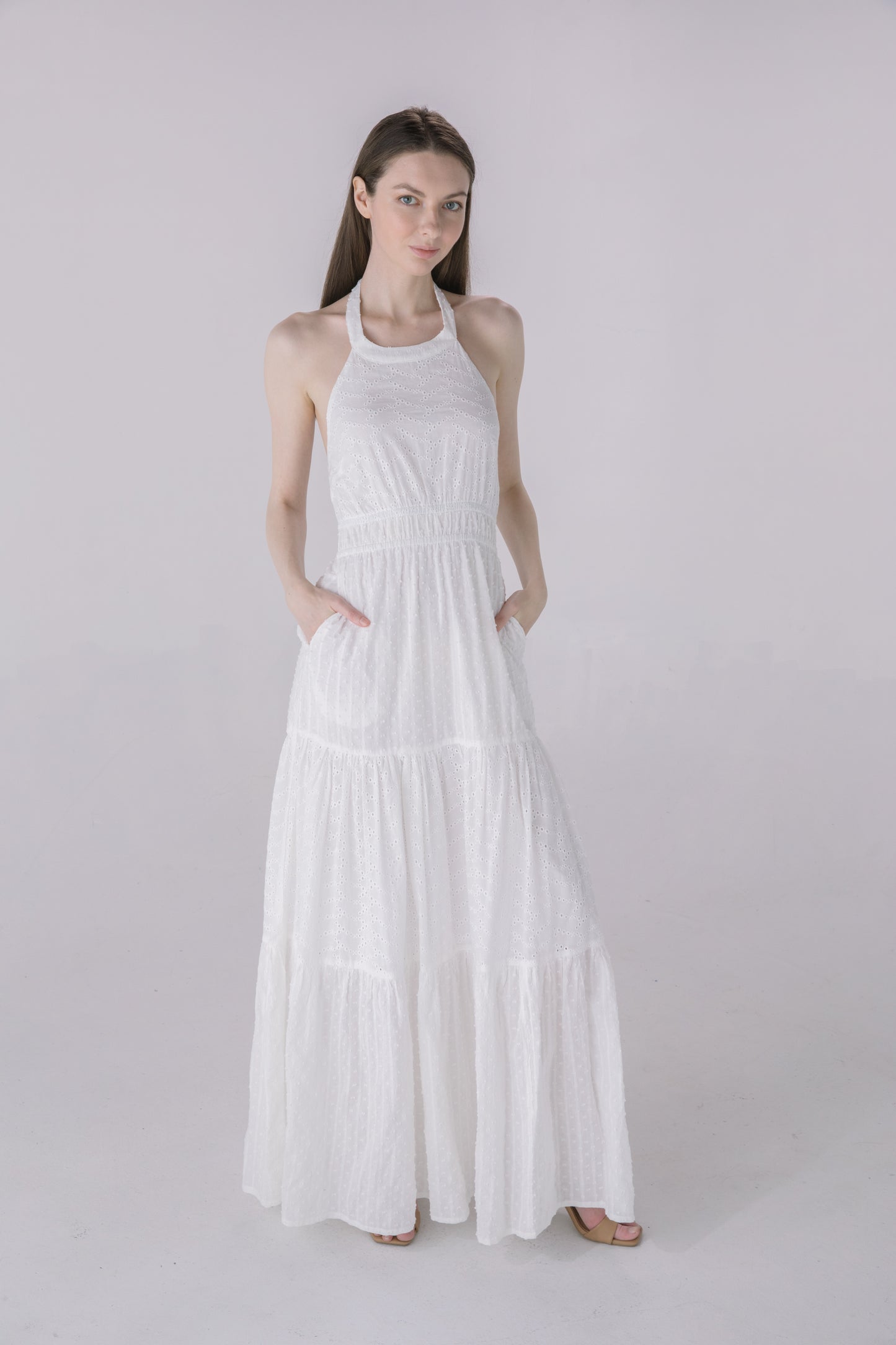 Ivory Halter Tiered Eyelet Dress