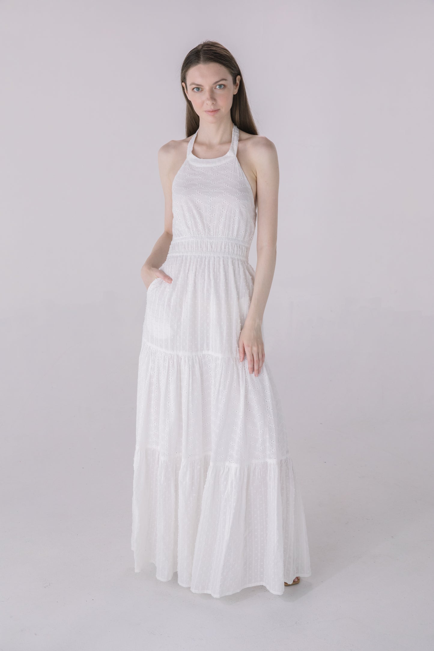 Ivory Halter Tiered Eyelet Dress