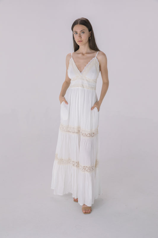 Ivory/Beige Crochet Inset Embroidery Halter Maxi Dress