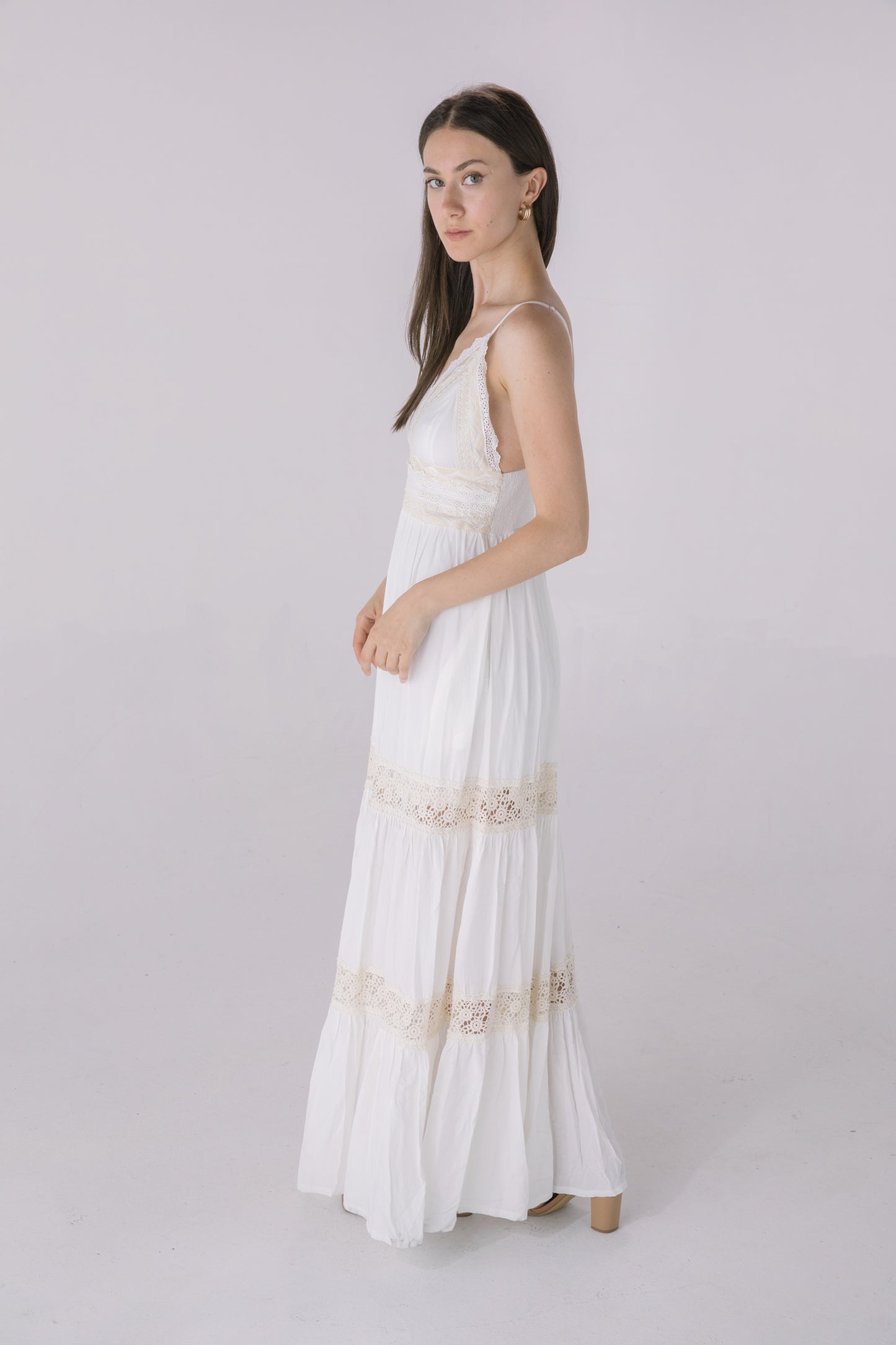 Ivory/Beige Crochet Inset Embroidery Halter Maxi Dress