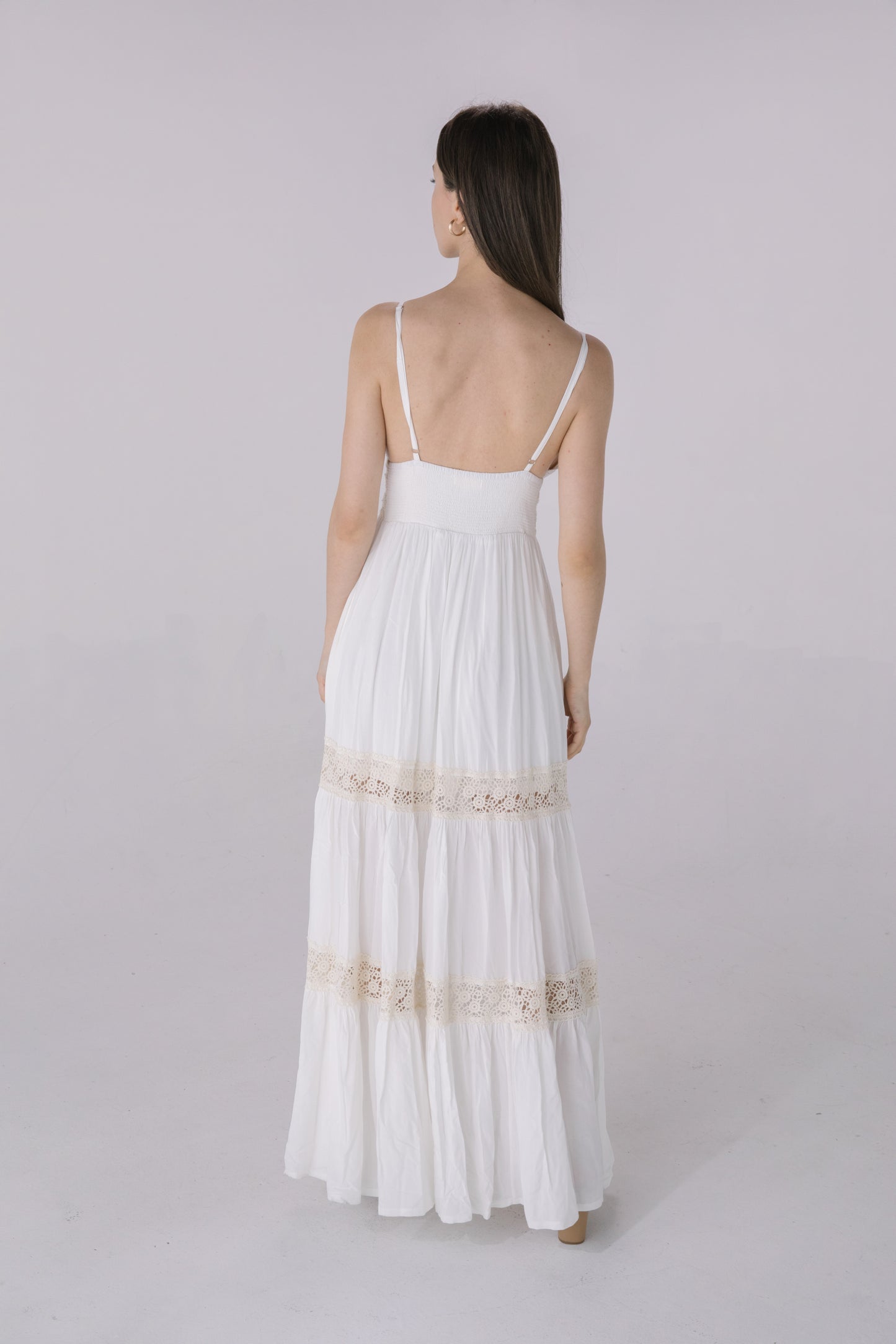 Ivory/Beige Crochet Inset Embroidery Halter Maxi Dress