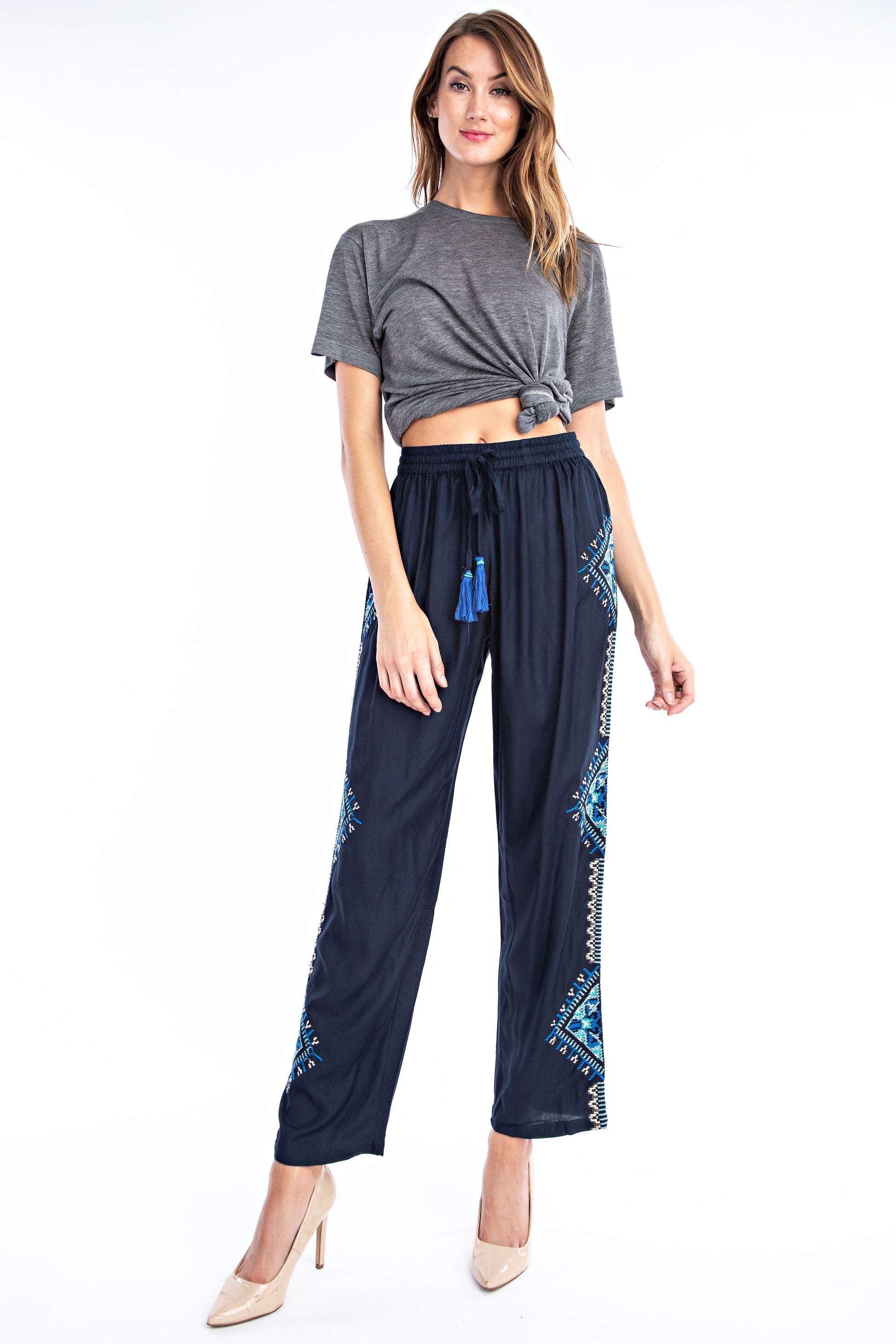 Midnight Blue Aztec Embroidered Pant - Solitaire Fashions