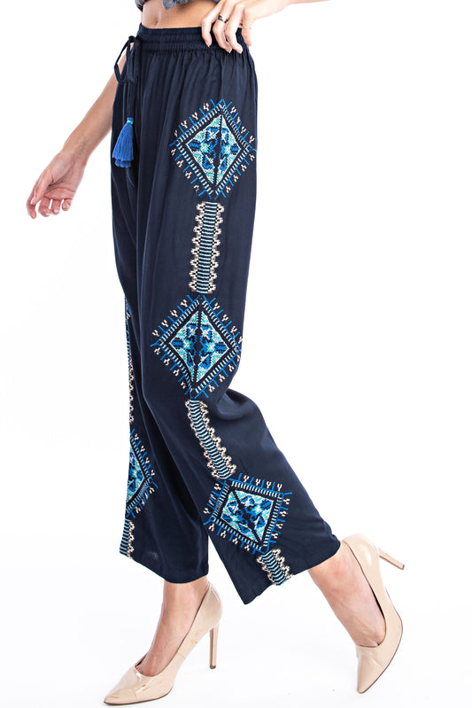 Midnight Blue Aztec Embroidered Pant - Solitaire Fashions