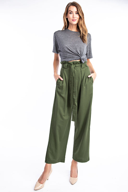Olive Plaid Paper Bag Pant - Solitaire Fashions