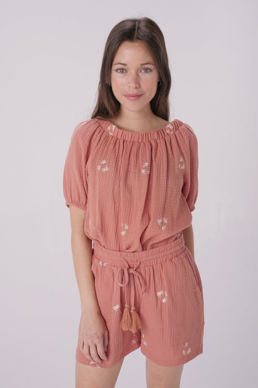 Terracotta Double Gauze Embroidered Off Shoulder Top