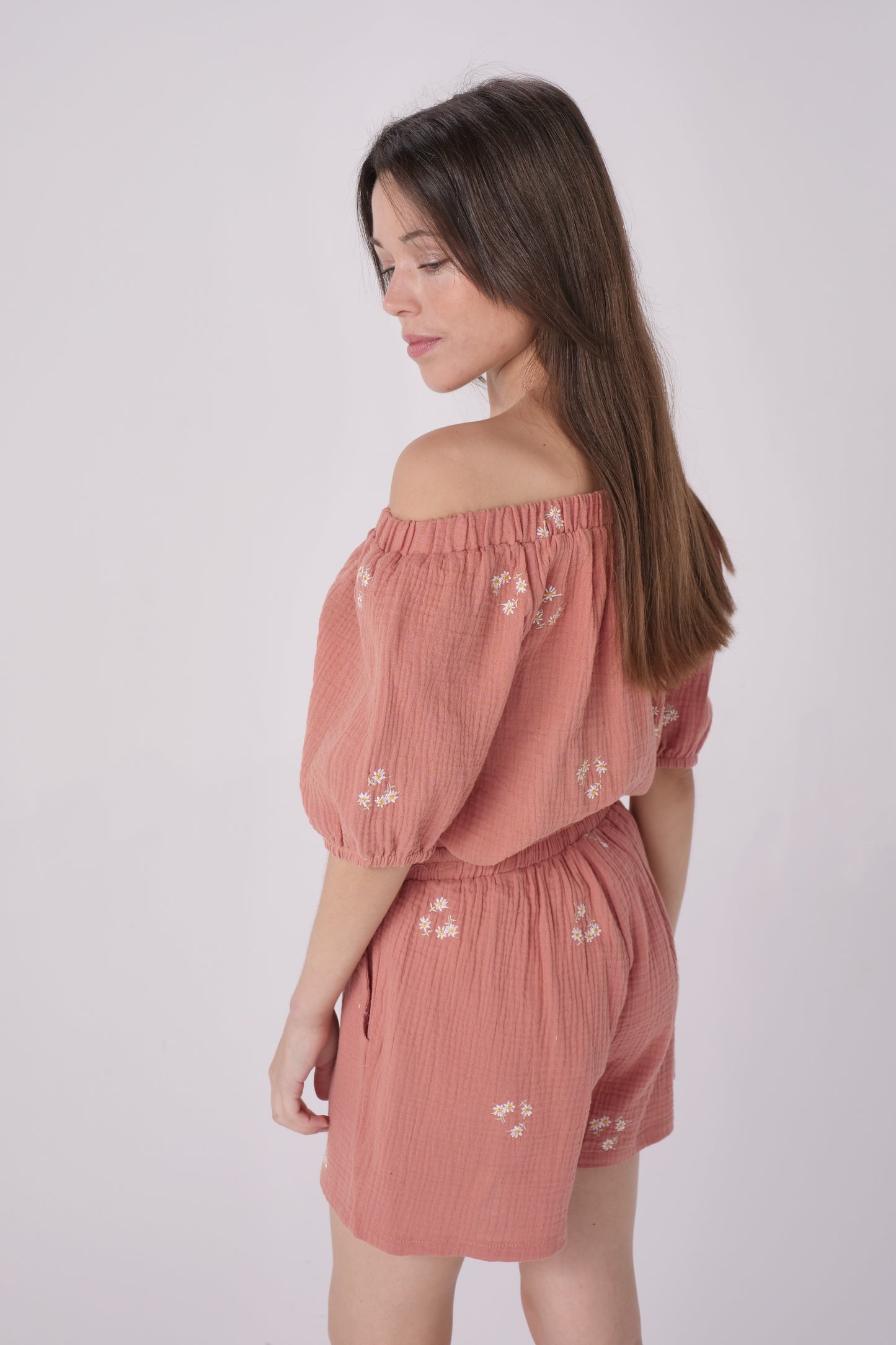 Terracotta Double Gauze Embroidered Off Shoulder Top