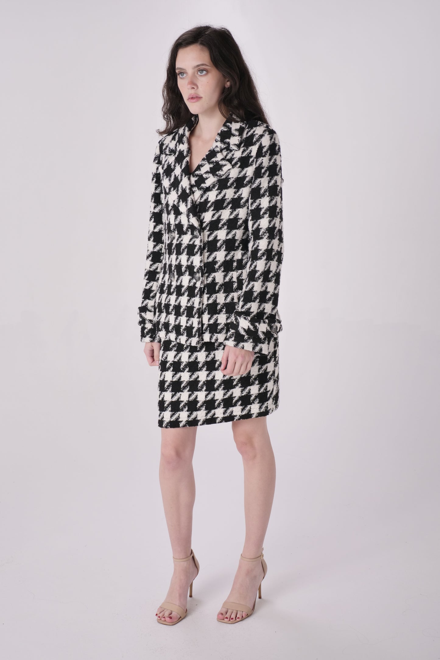 Black/White Houndstooth Wool Pencil Skirt