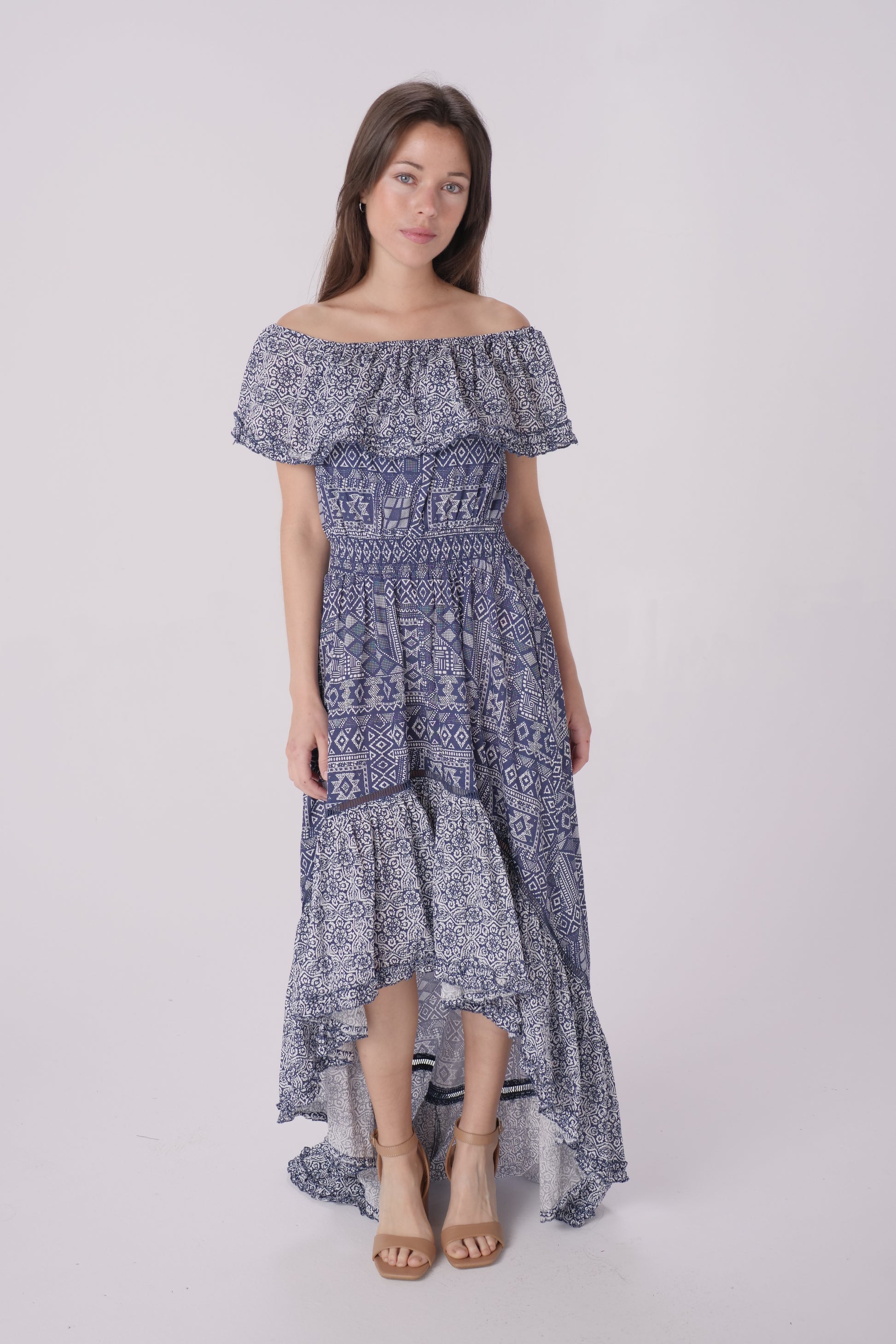 Navy Tribal Printed Off Shoulder High Low Dress Navy Tribal Printed Off Shoulder High Low Dress
