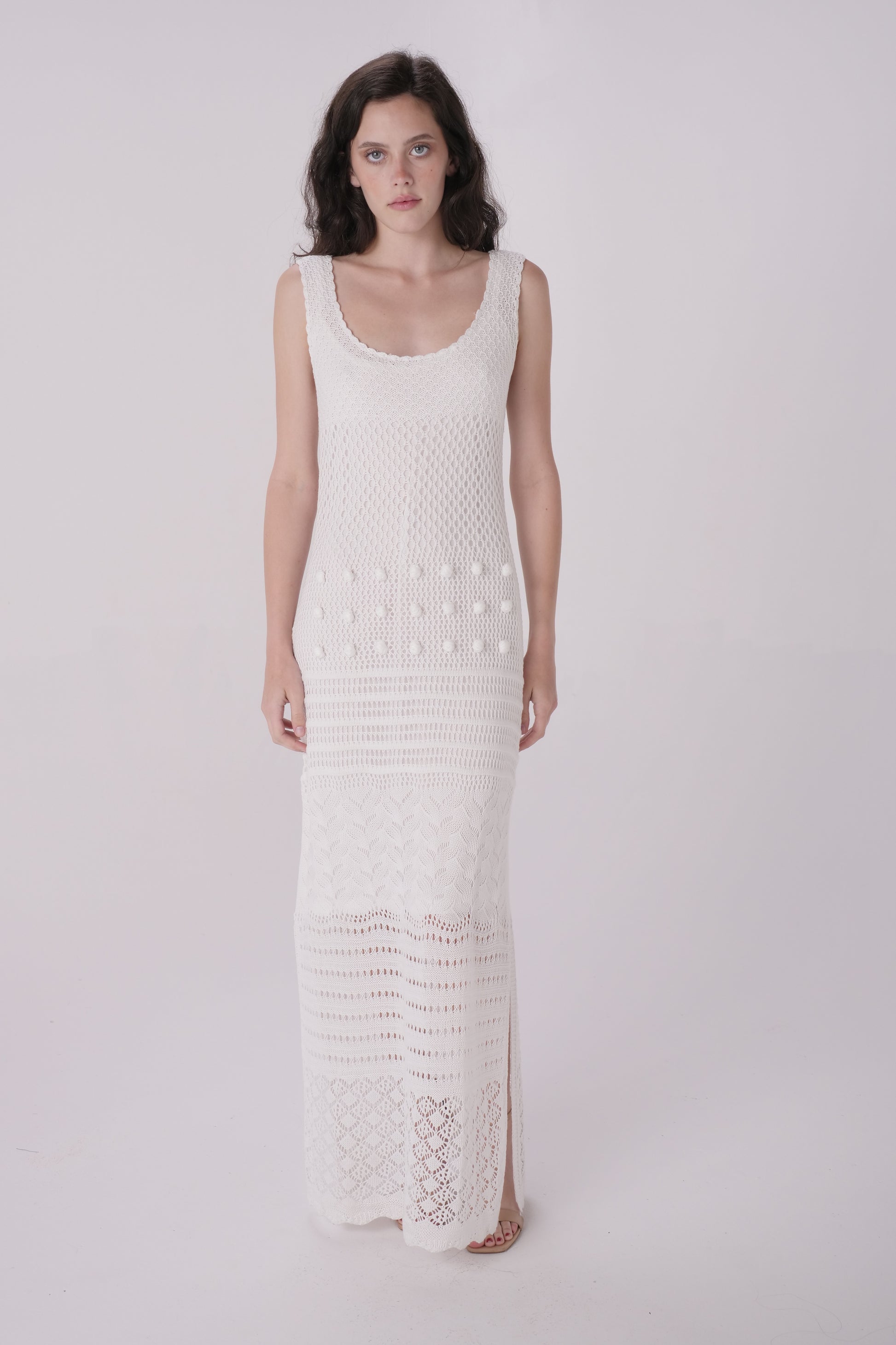 Natural Pom Pom Crochet Knit Dress Natural Pom Pom Crochet Knit Dress