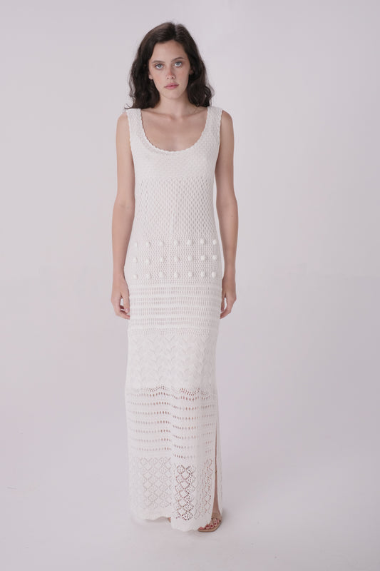 Natural Pom Pom Crochet Knit Dress