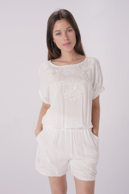 Ivory/Beige Embroidered Crop Shirt