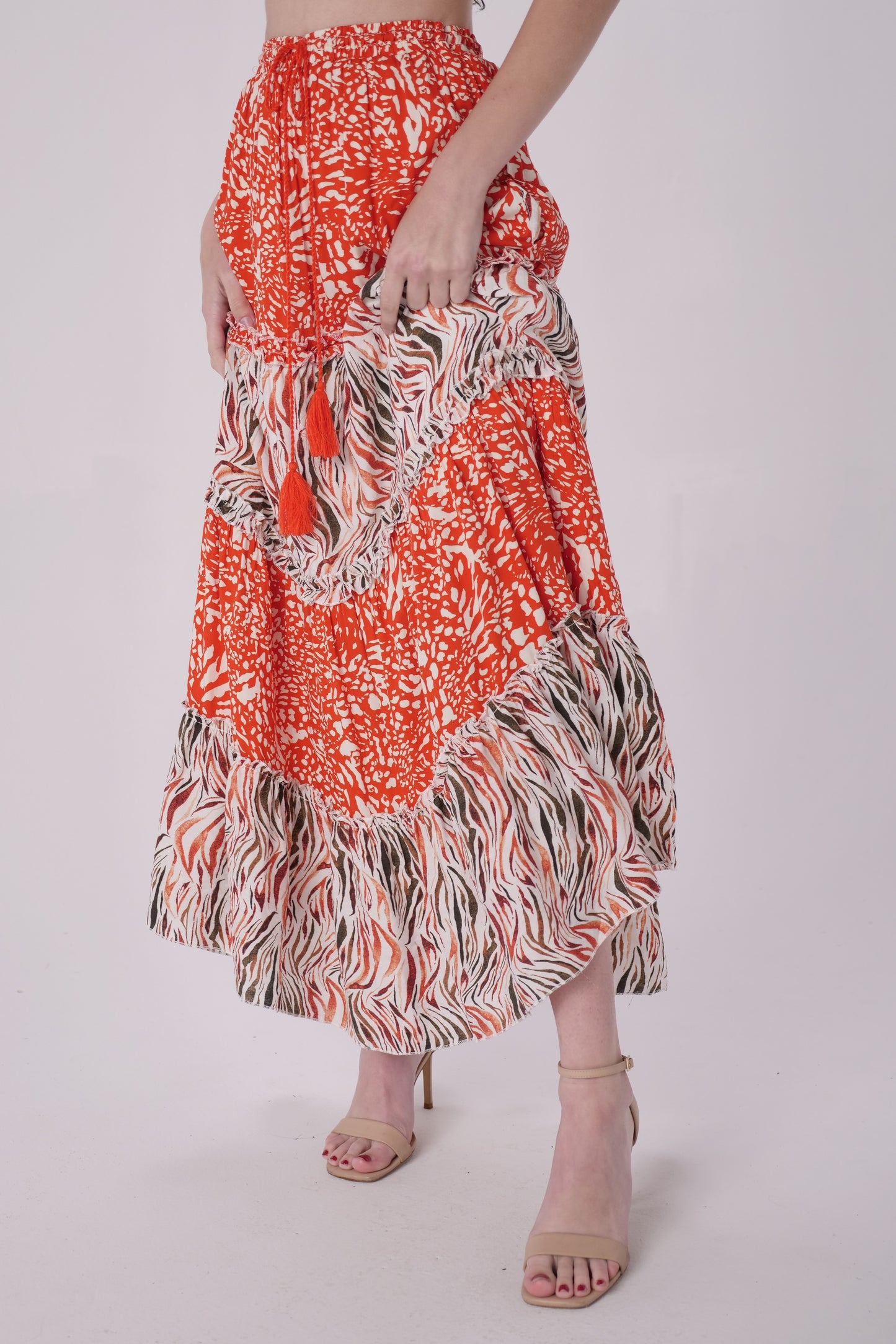 Coral Printed Tiered Maxi Skirt