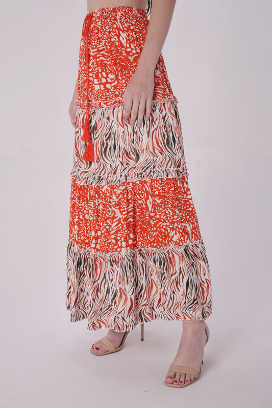 Coral Printed Tiered Maxi Skirt