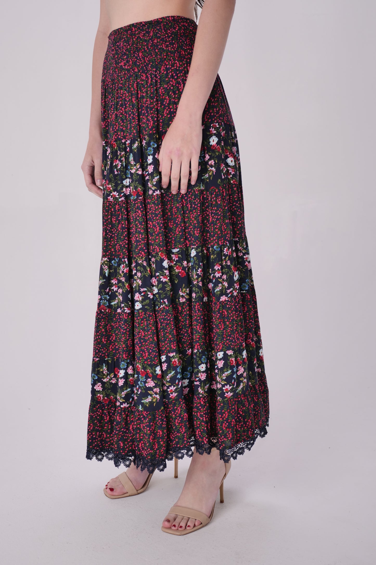 Dark Floral Printed Tiered Maxi Skirt