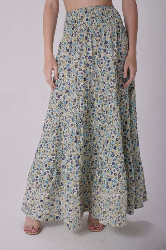 Teal Floral Eyelet Maxi Skirt